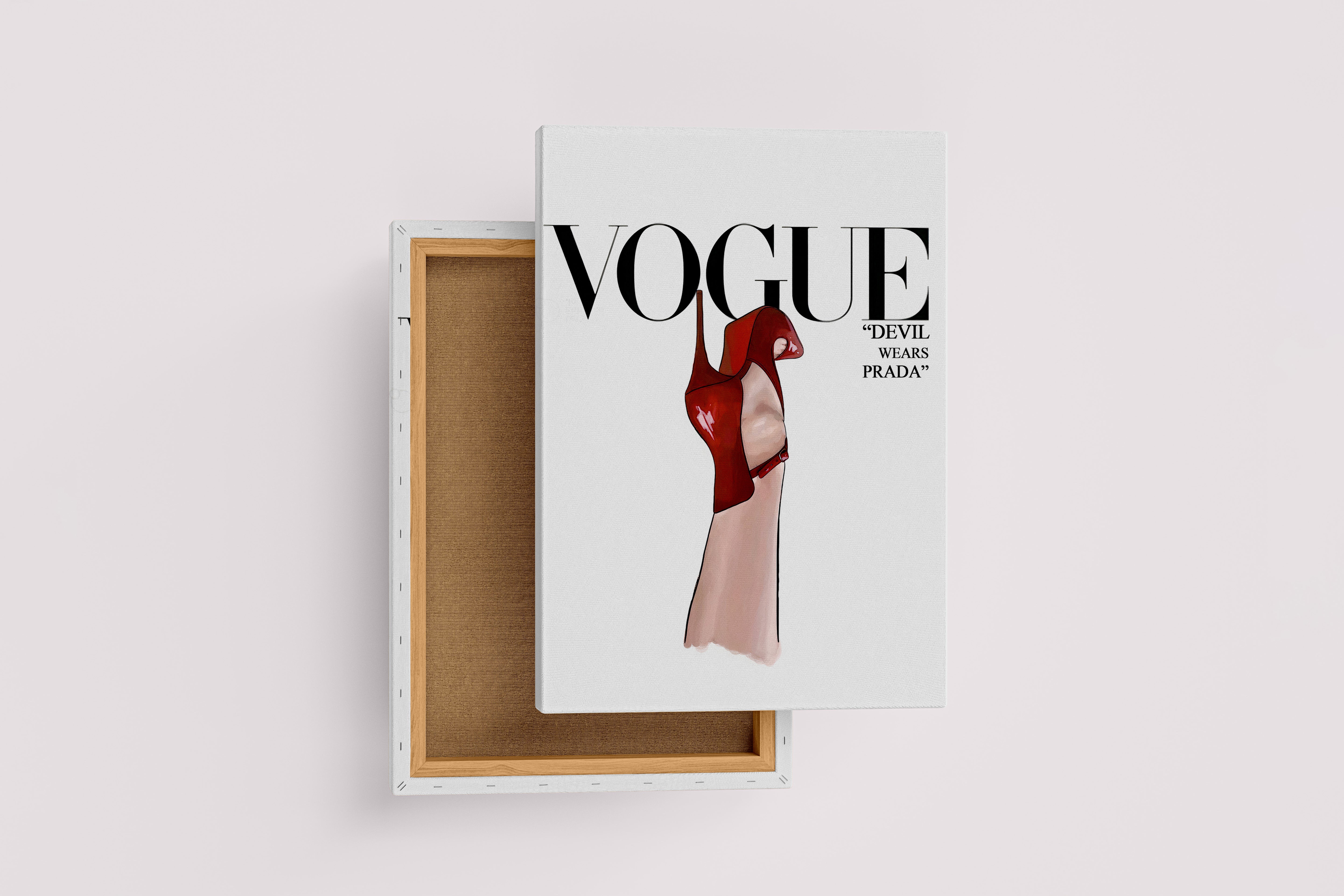 a minimalist vogue cover illustration of a red heel as a devil's hood, art, kanvas tablo