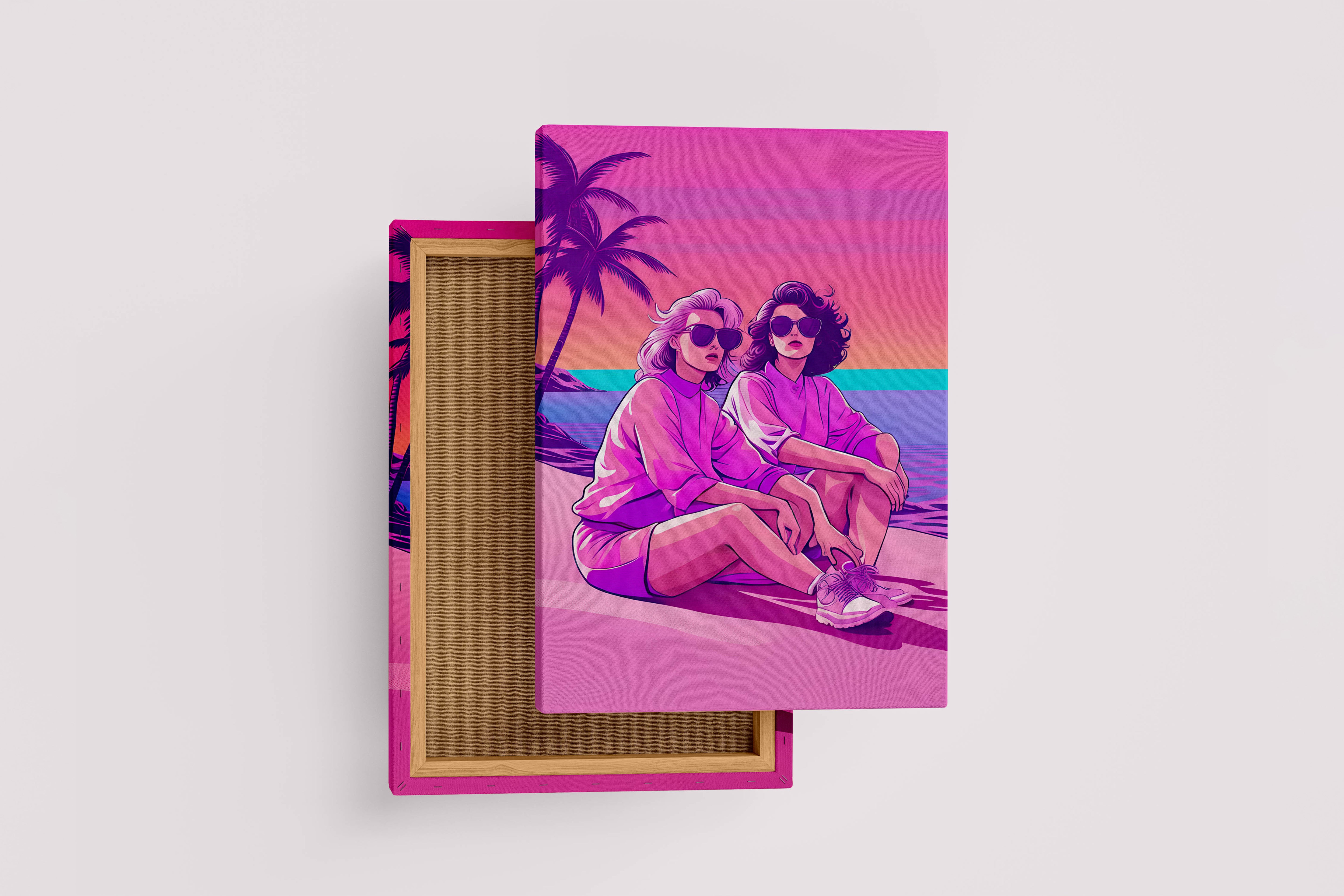 retrowave vogue, pop art, palm, sunshine, sitting on the beach, art, kanvas tablo