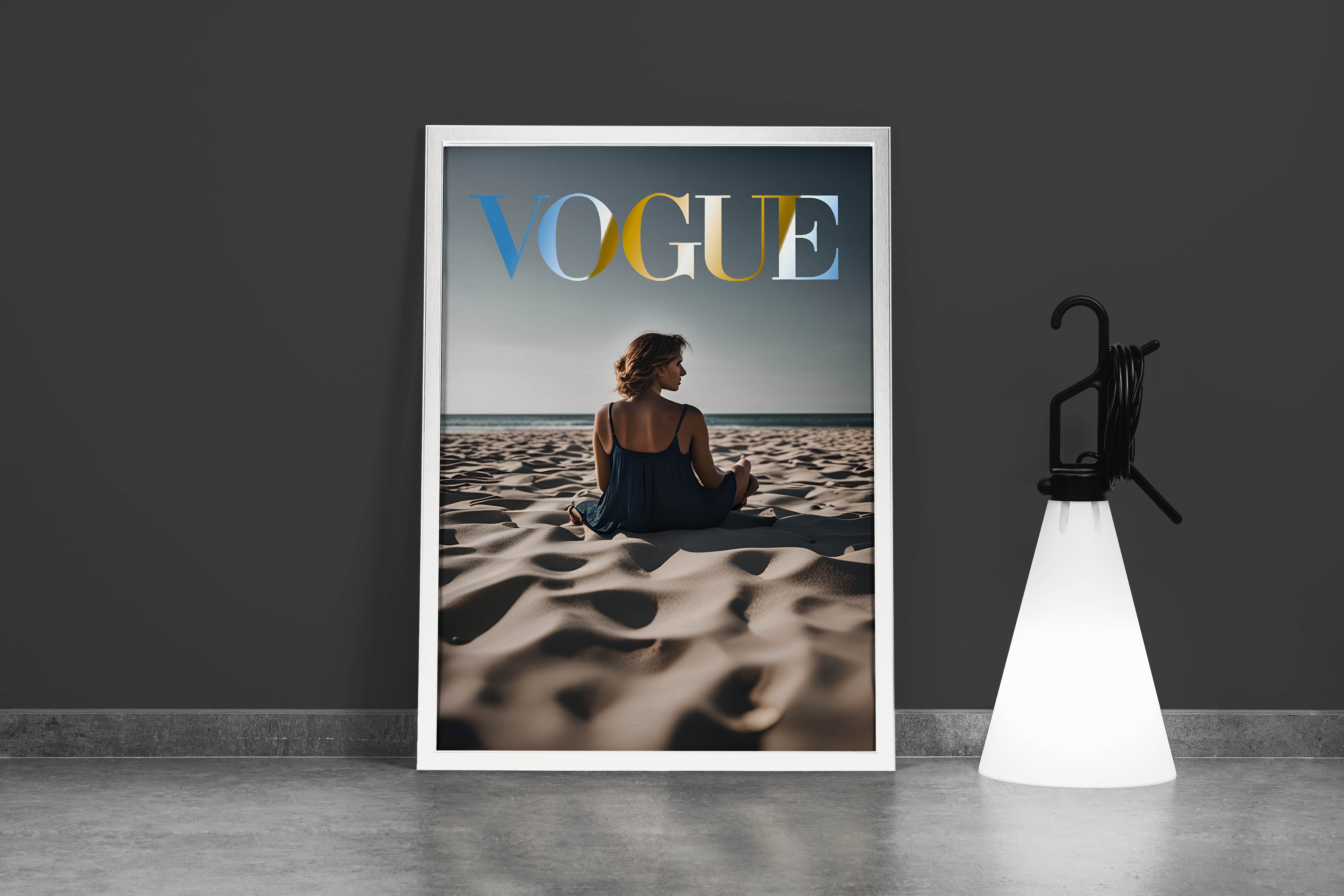 ai creation vogue, beauty, sitting on the beach, art, kanvas tablo