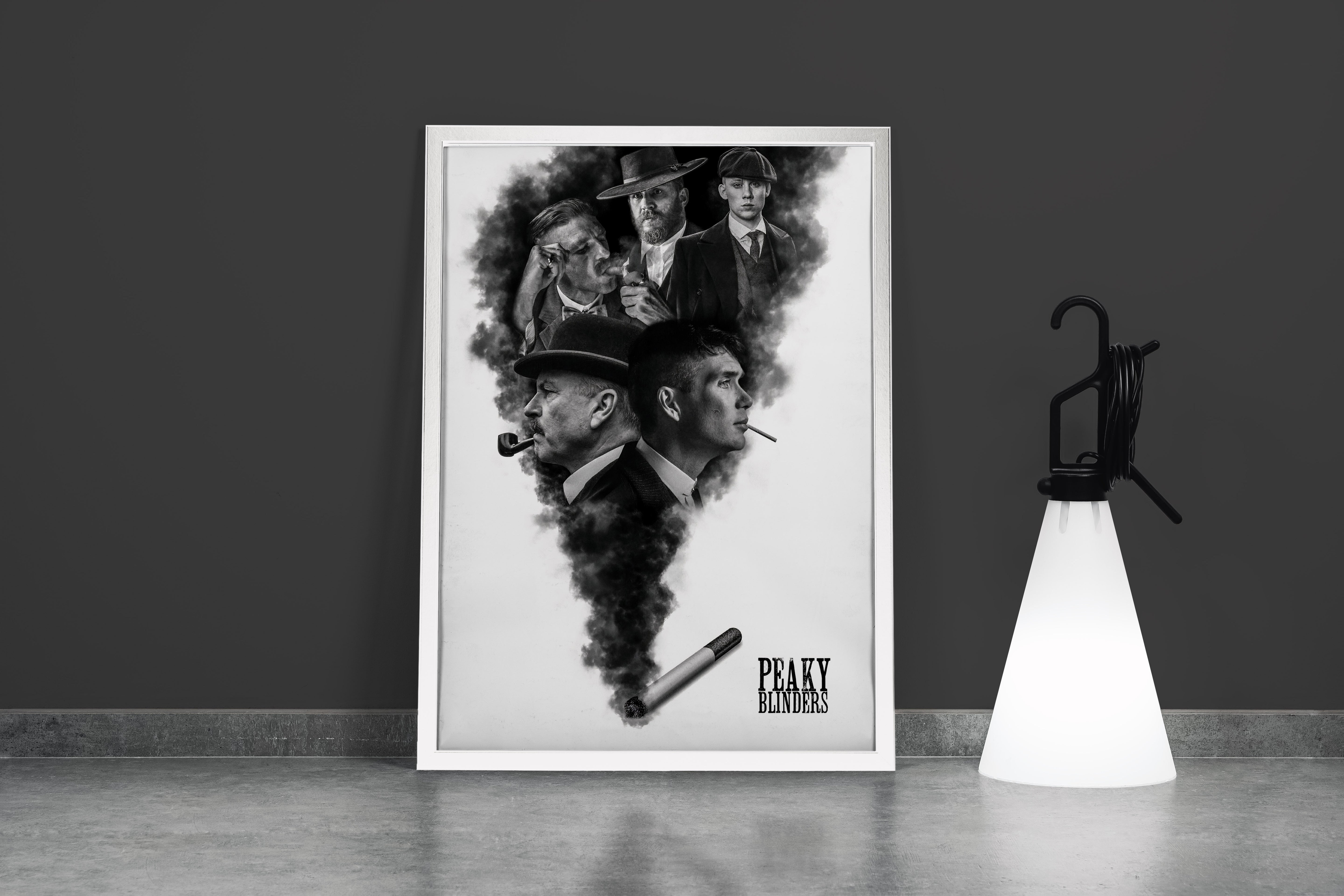 a montage of peaky blinders characters emerging from a plume of cigarette smoke, art, kanvas tablo