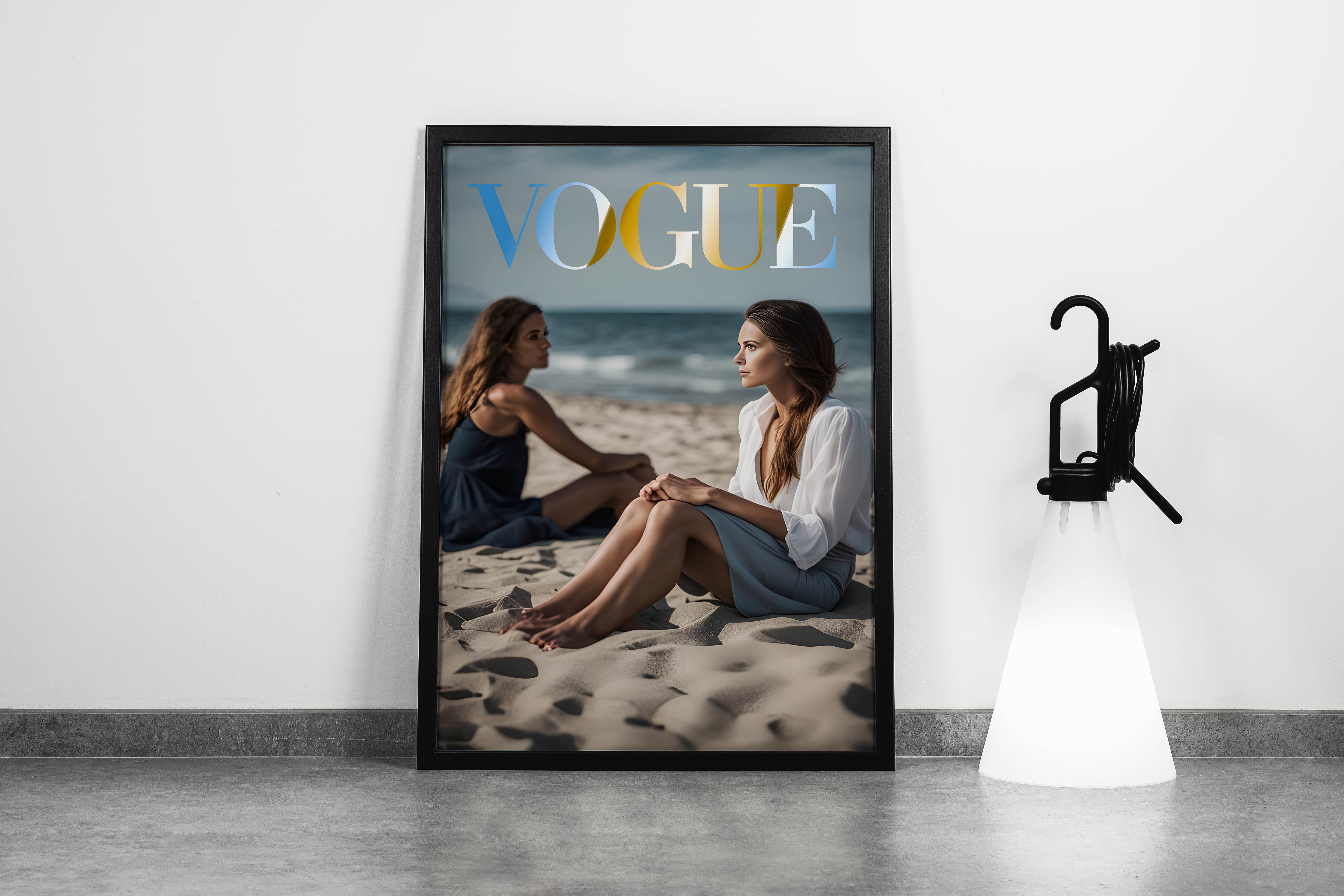 ai creation vogue, beauty, sitting on the beach, art, kanvas tablo