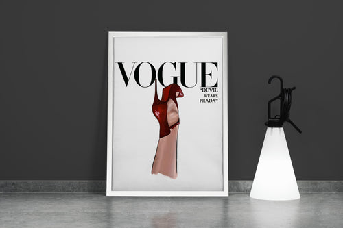 a minimalist vogue cover illustration of a red heel as a devil's hood, art, kanvas tablo