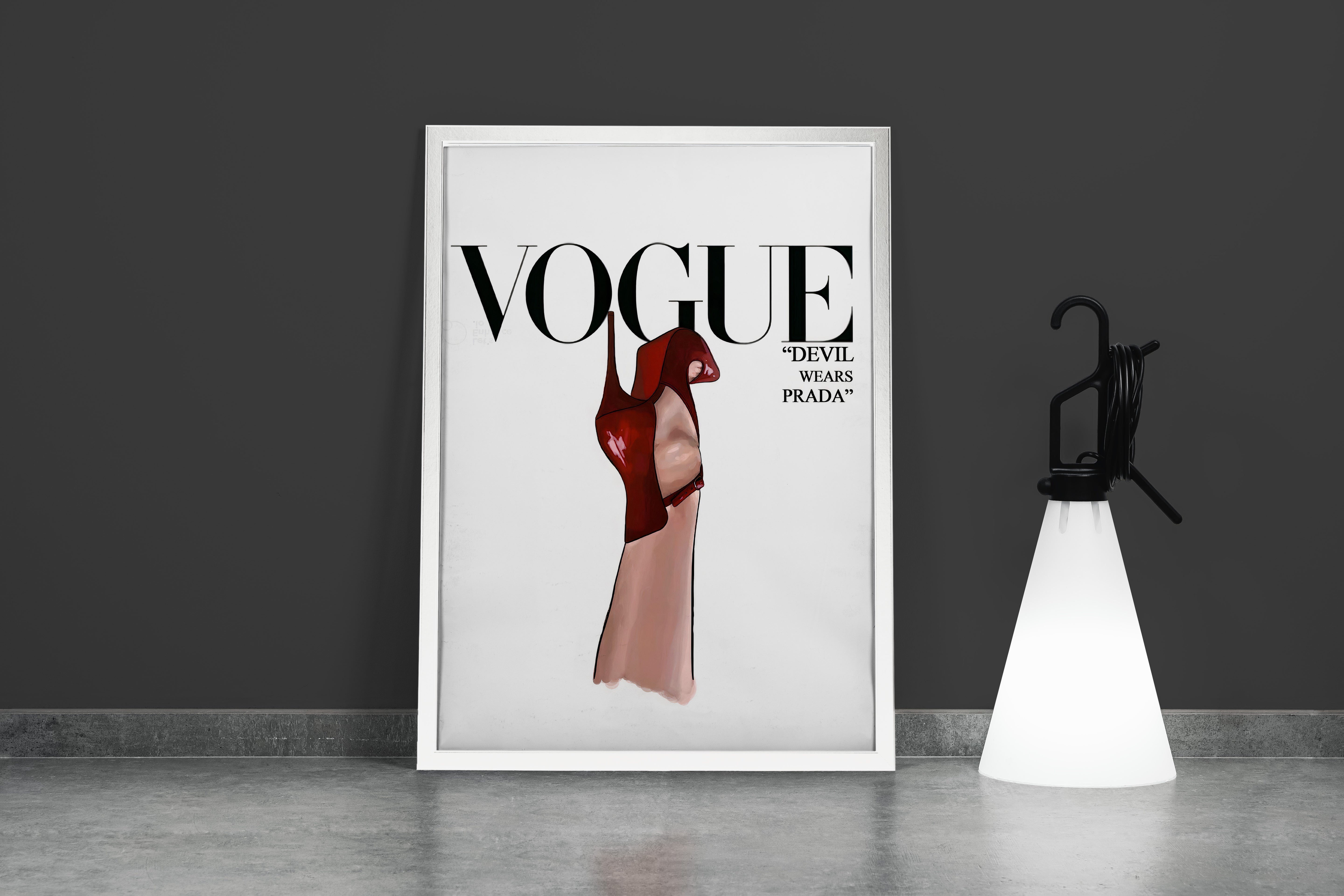 a minimalist vogue cover illustration of a red heel as a devil's hood, art, kanvas tablo