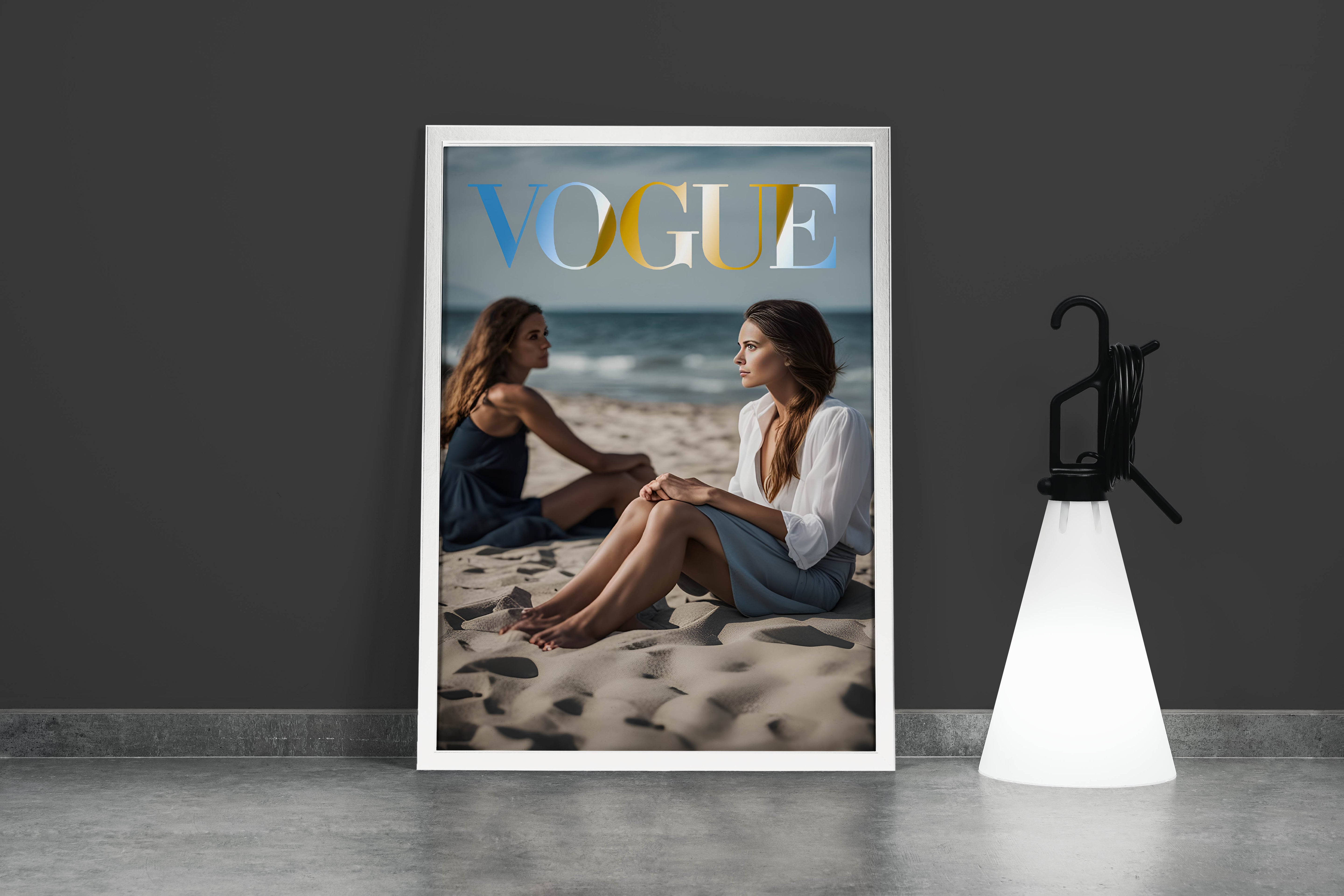 ai creation vogue, beauty, sitting on the beach, art, kanvas tablo
