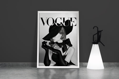 an elegant, mysterious woman in a big hat and gloves on a vogue cover, art, kanvas tablo
