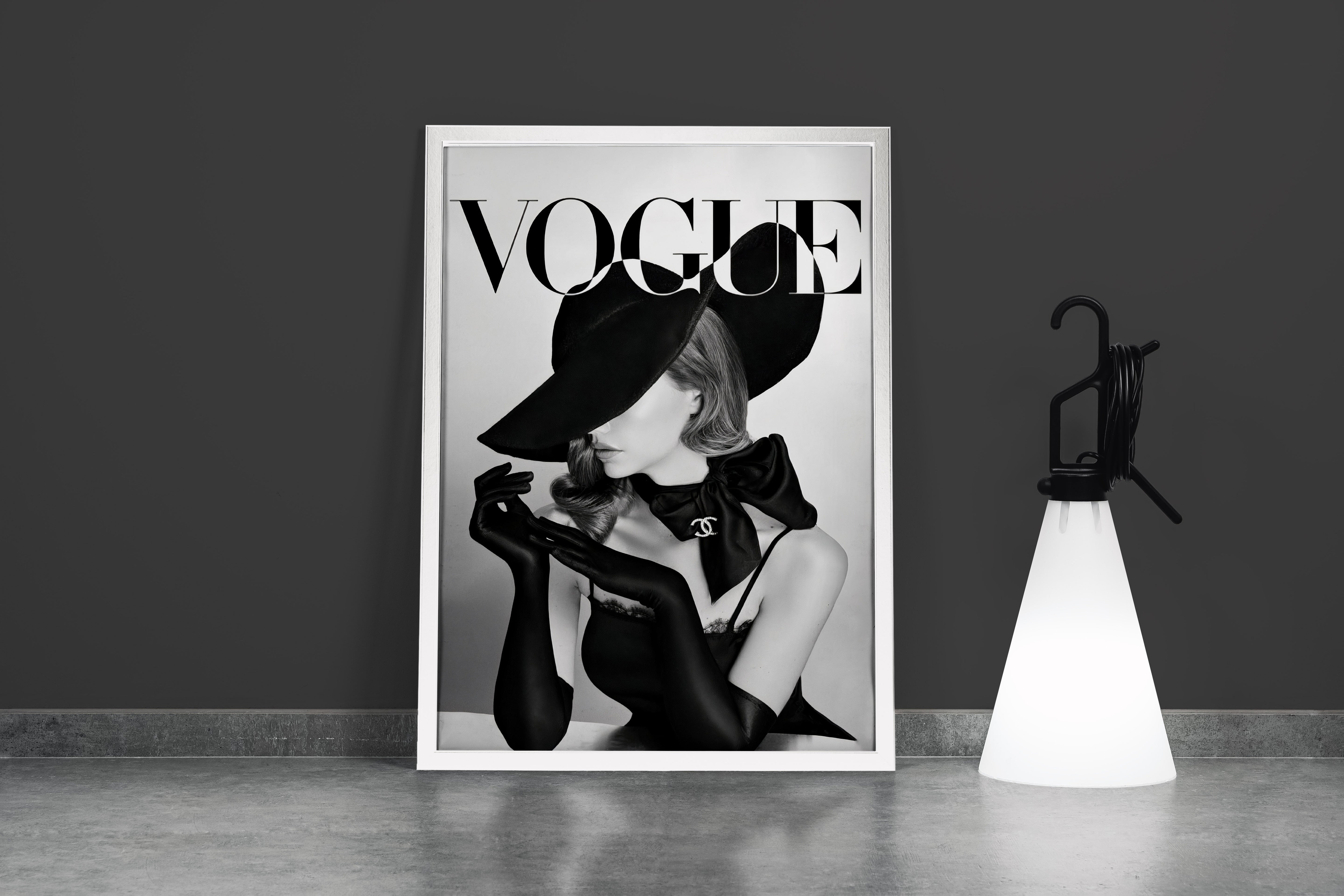 an elegant, mysterious woman in a big hat and gloves on a vogue cover, art, kanvas tablo