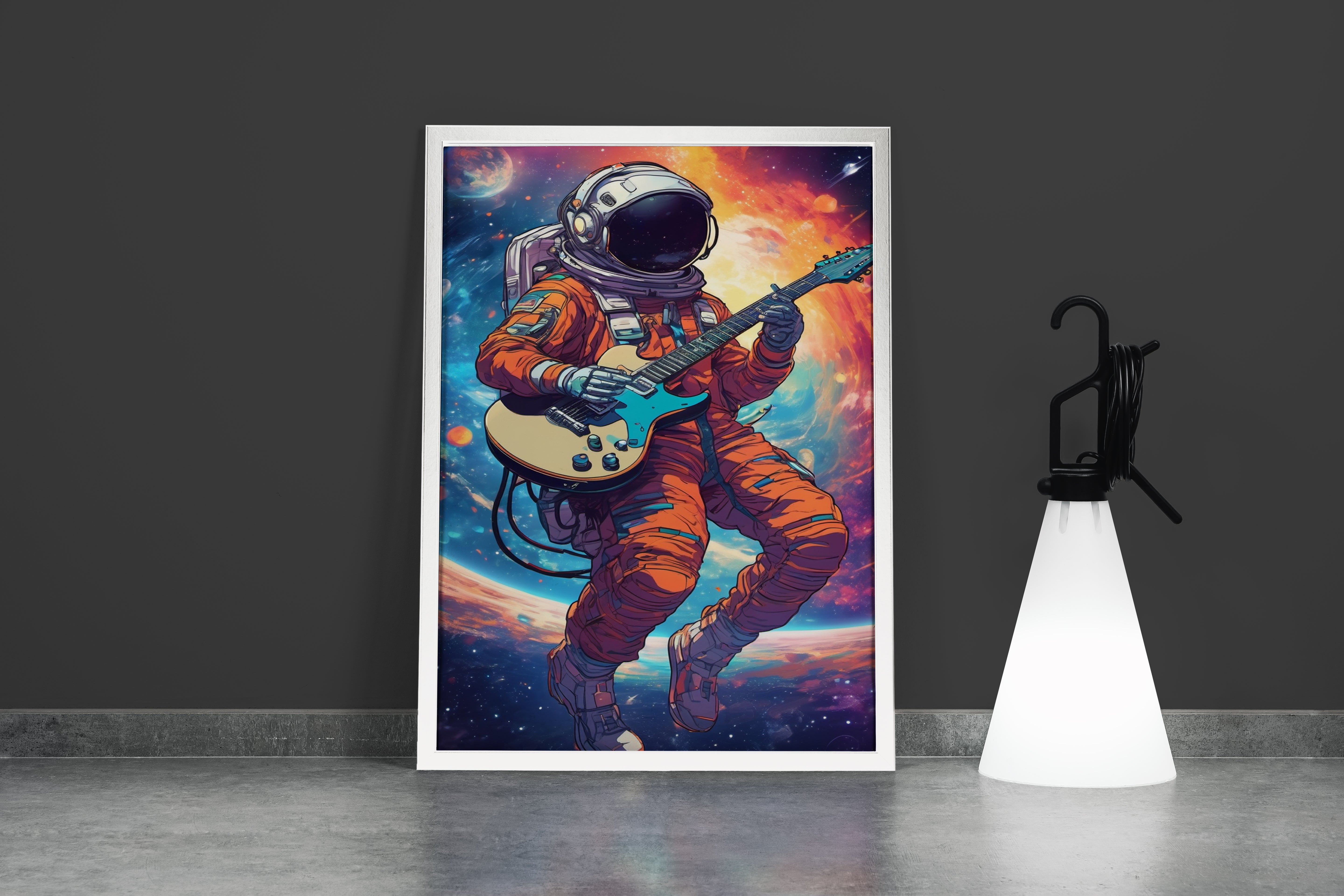 ai creation, astronaut playing guitar in space model 1, orange theme, ai art, art, kanvas tablo