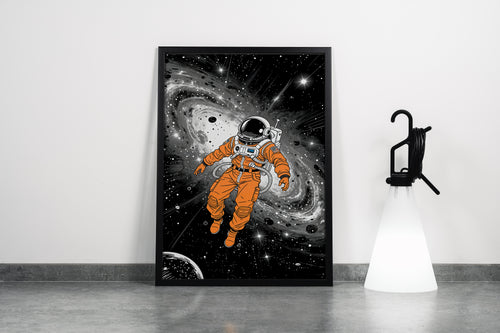 ai creation, astronaut in orange spacesuit stuck in space, ai art, art, kanvas tablo