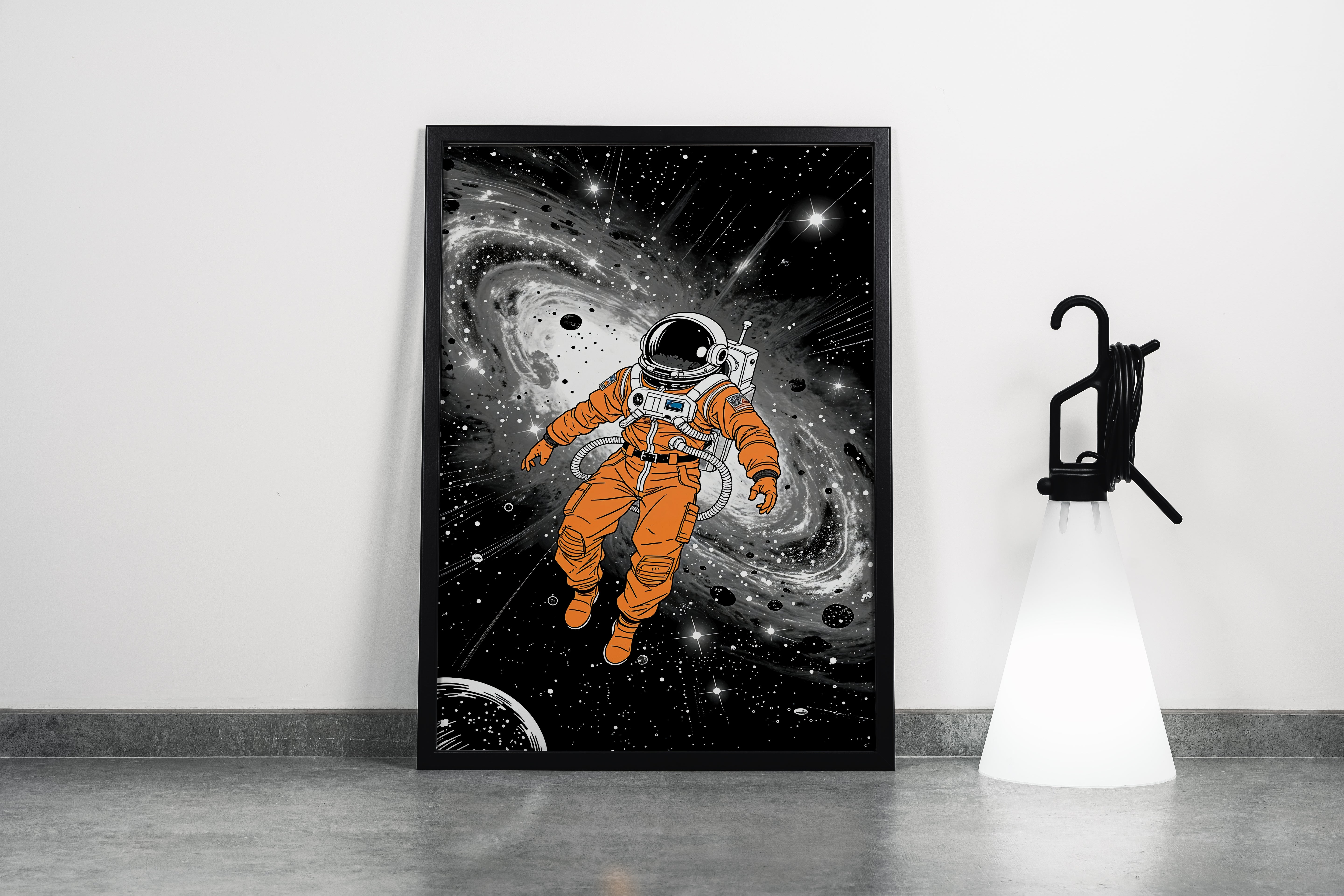 ai creation, astronaut in orange spacesuit stuck in space, ai art, art, kanvas tablo