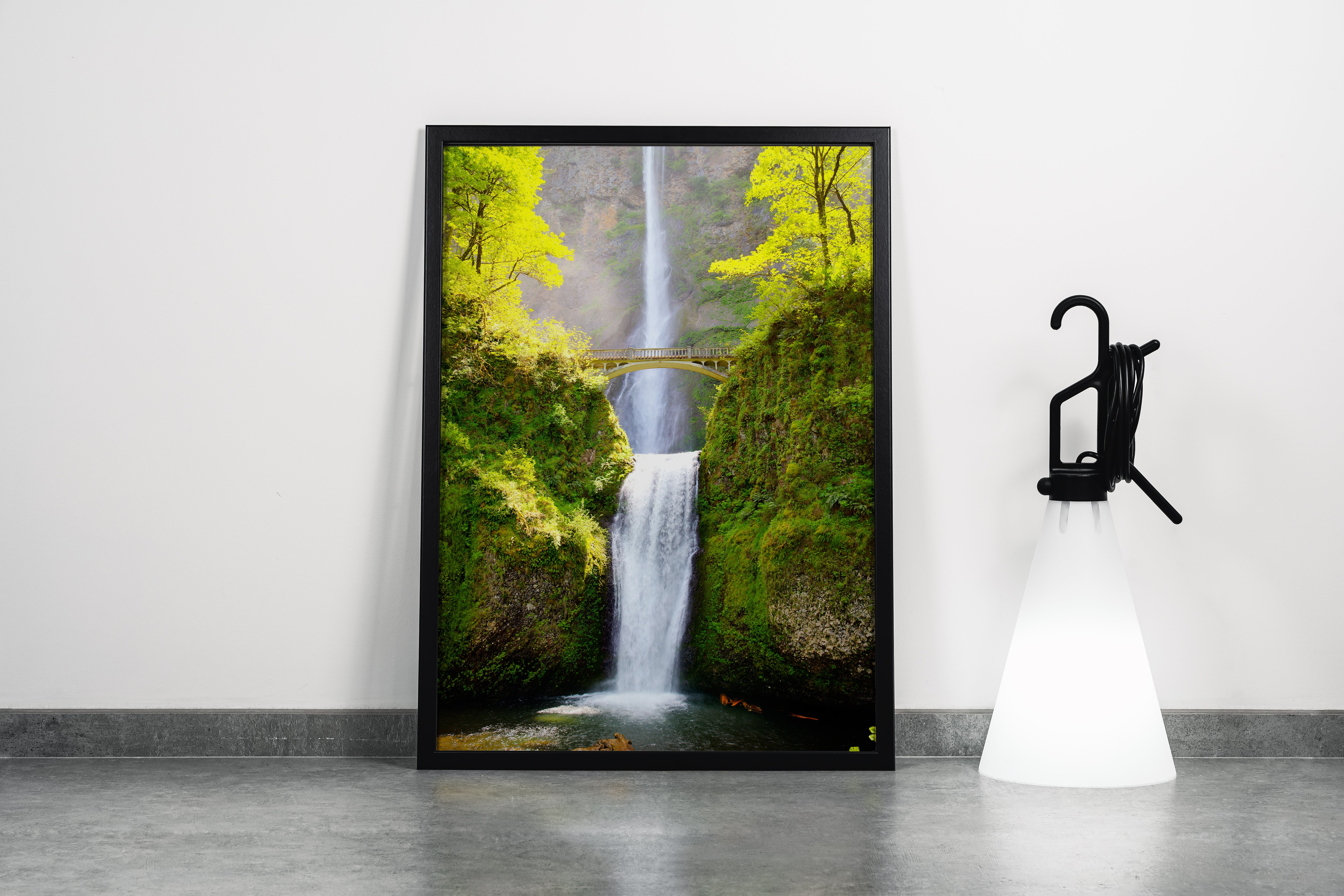 the famous multnomah falls, a tall two-tiered waterfall with a bridge, art, kanvas tablo