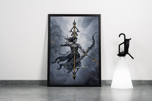 ai creation, a dark fantasy archer in ornate black and gold armor drawing a bow, ai art, art, kanvas tablo