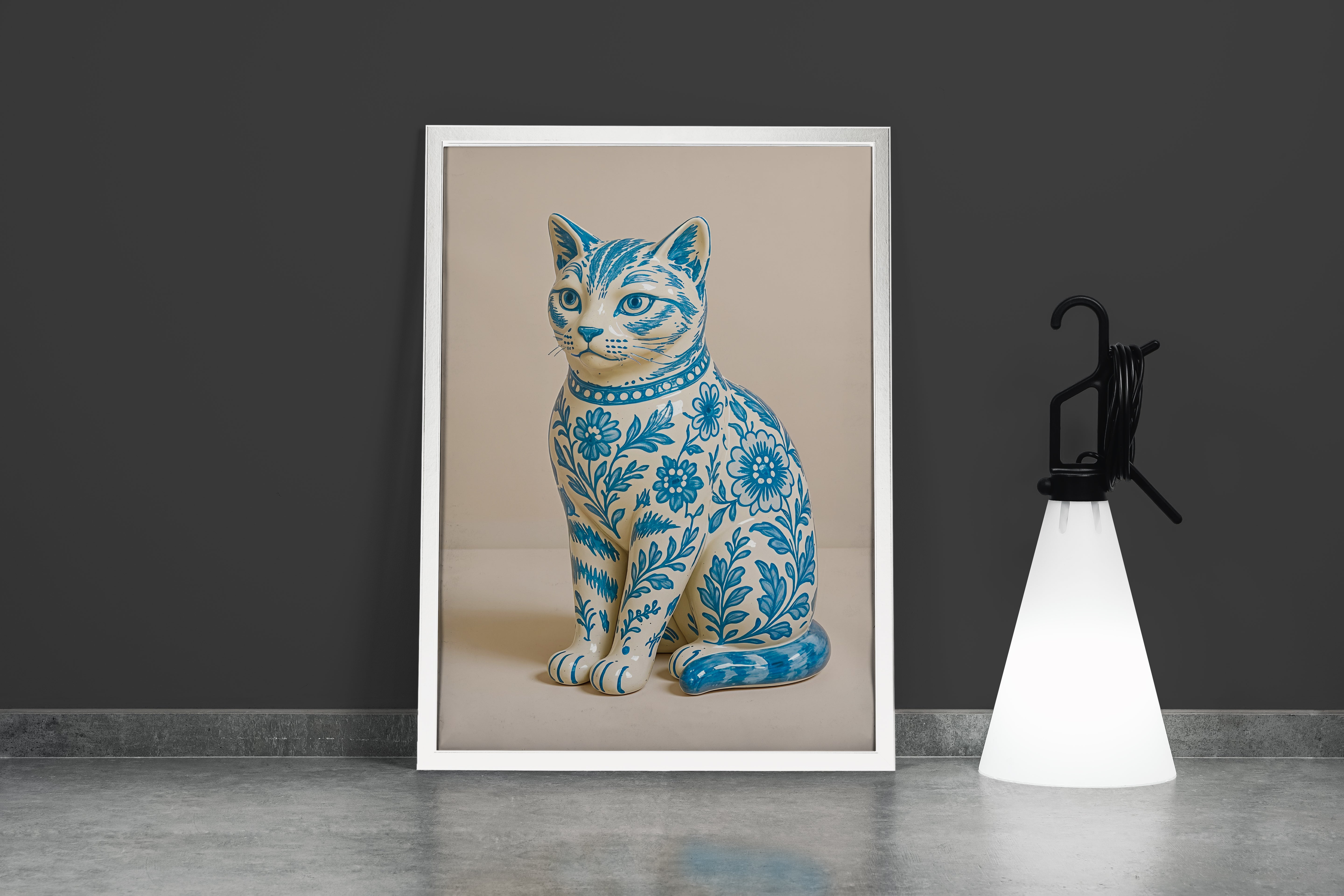 ai creation, porcelain coated cat, floral motif in soft blue tones, ai art, art, kanvas tablo