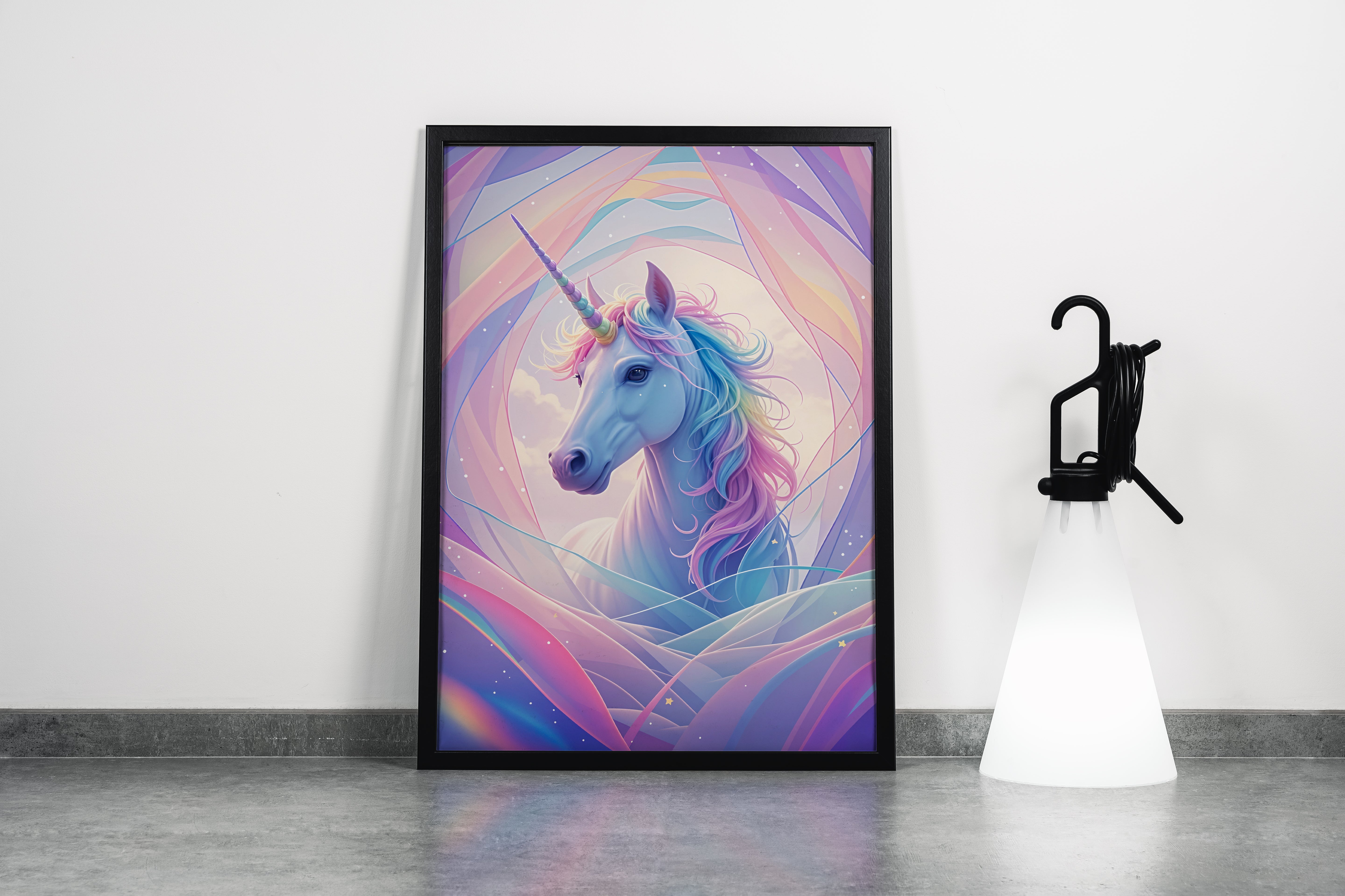 ai creation, happy looking unicorn on a soft white mix, ai art, art, kanvas tablo