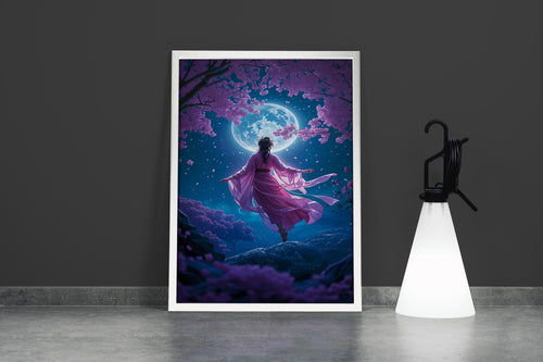 ai creation, a woman in a pink kimono under a full moon and cherry blossoms, ai art, art, kanvas tablo