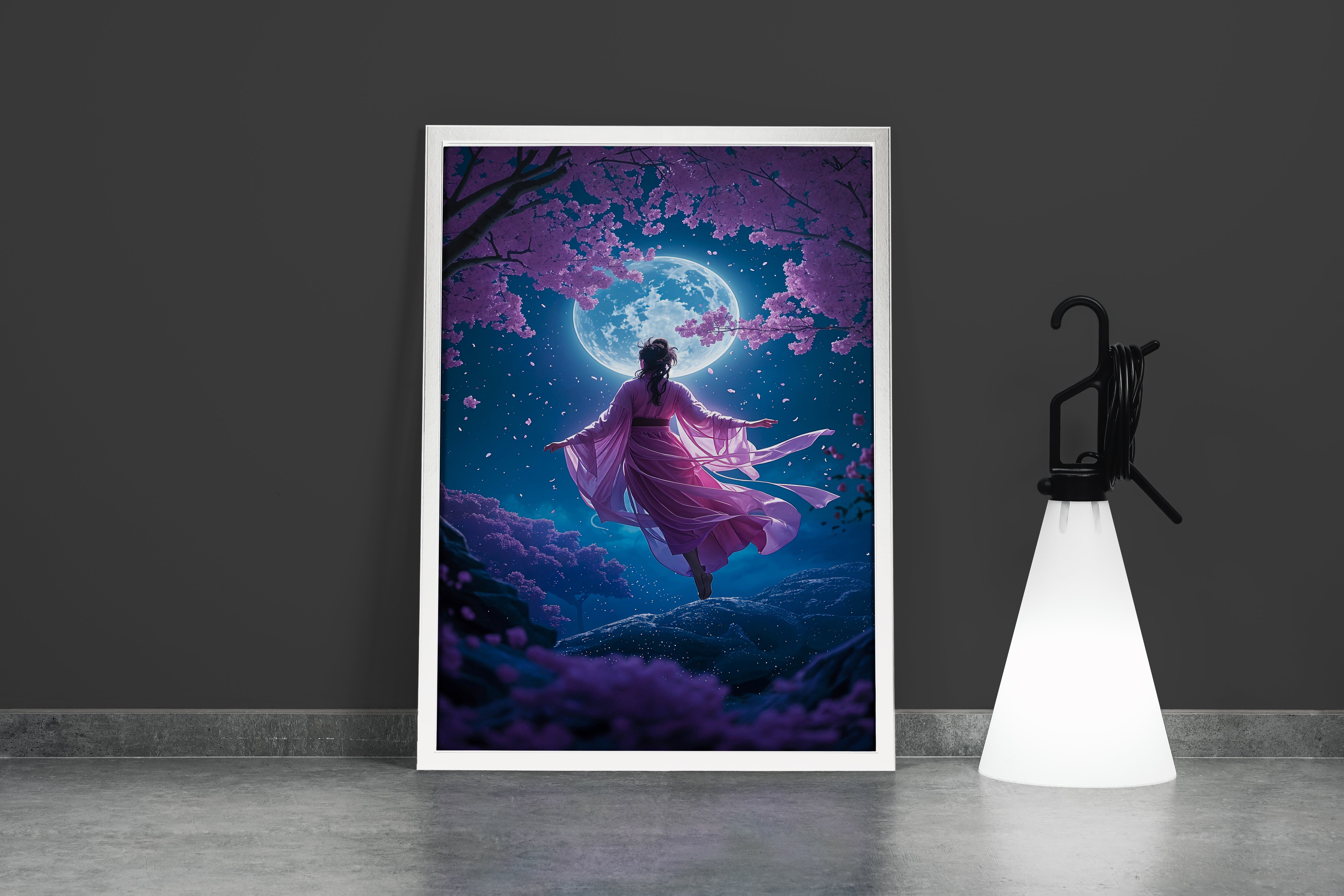 ai creation, a woman in a pink kimono under a full moon and cherry blossoms, ai art, art, kanvas tablo