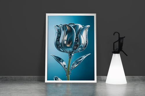 ai creation, the rose and its leaves are made of silver, in muted blue tones model 1, ai art, art, kanvas tablo