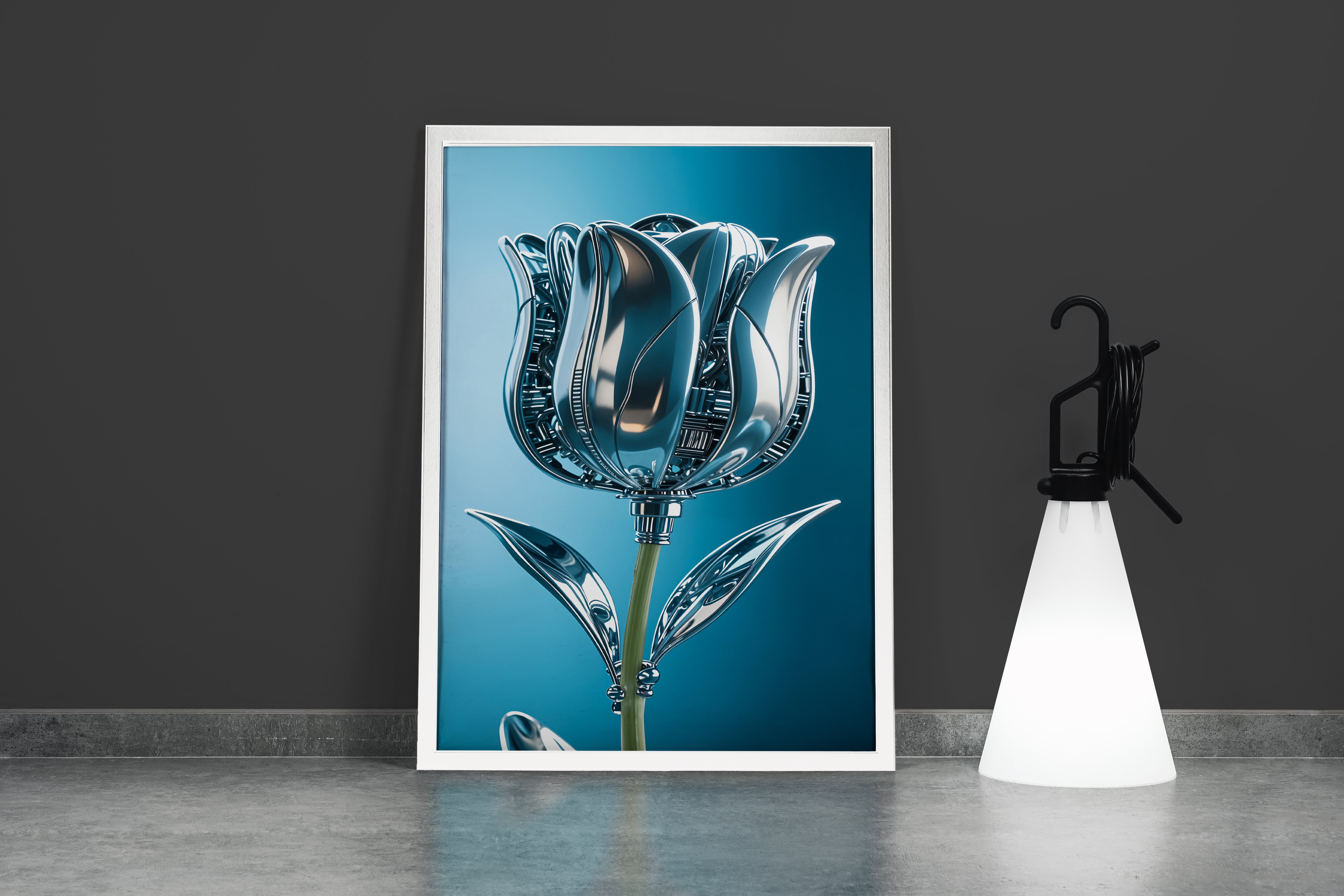 ai creation, the rose and its leaves are made of silver, in muted blue tones model 1, ai art, art, kanvas tablo