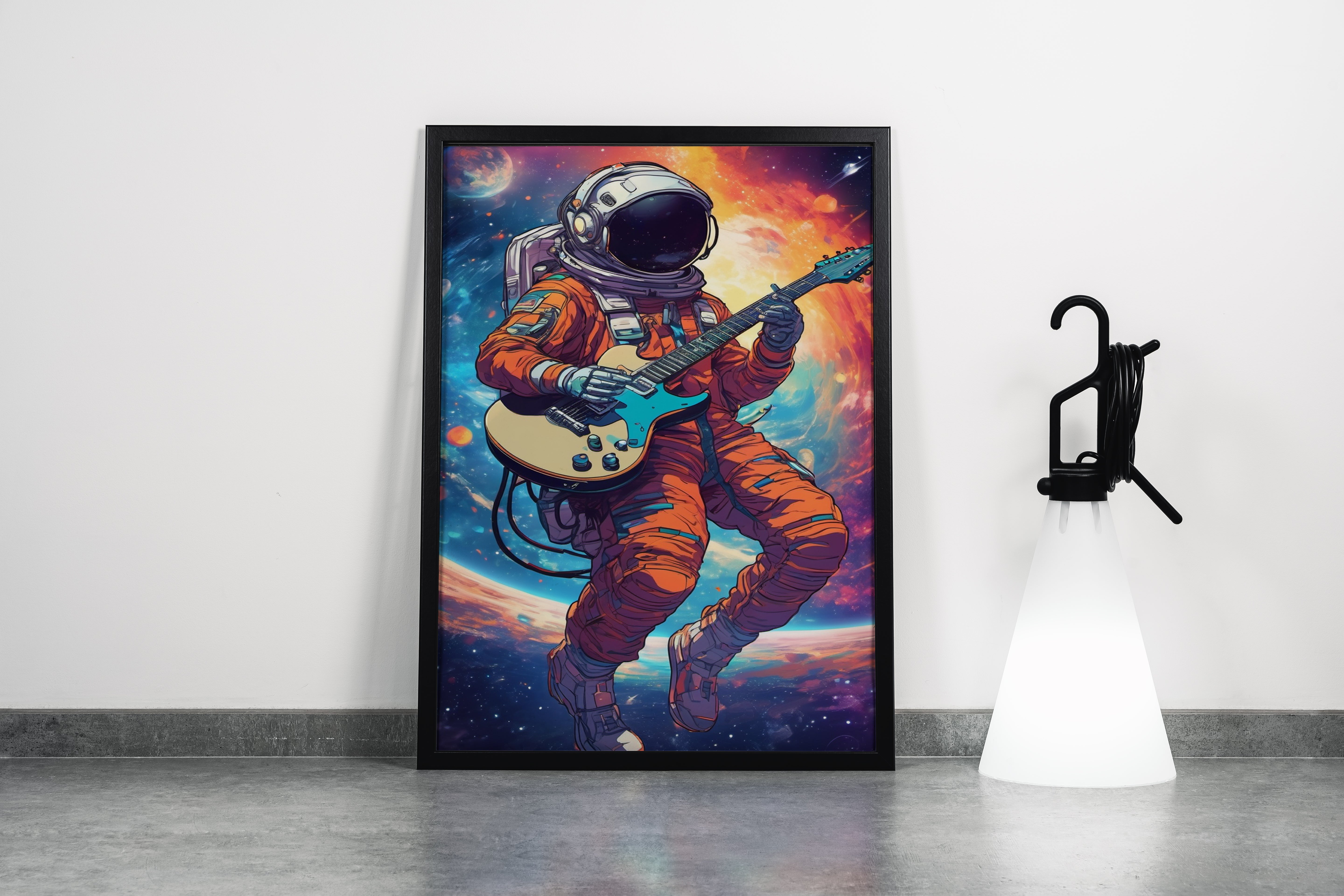 ai creation, astronaut playing guitar in space model 1, orange theme, ai art, art, kanvas tablo