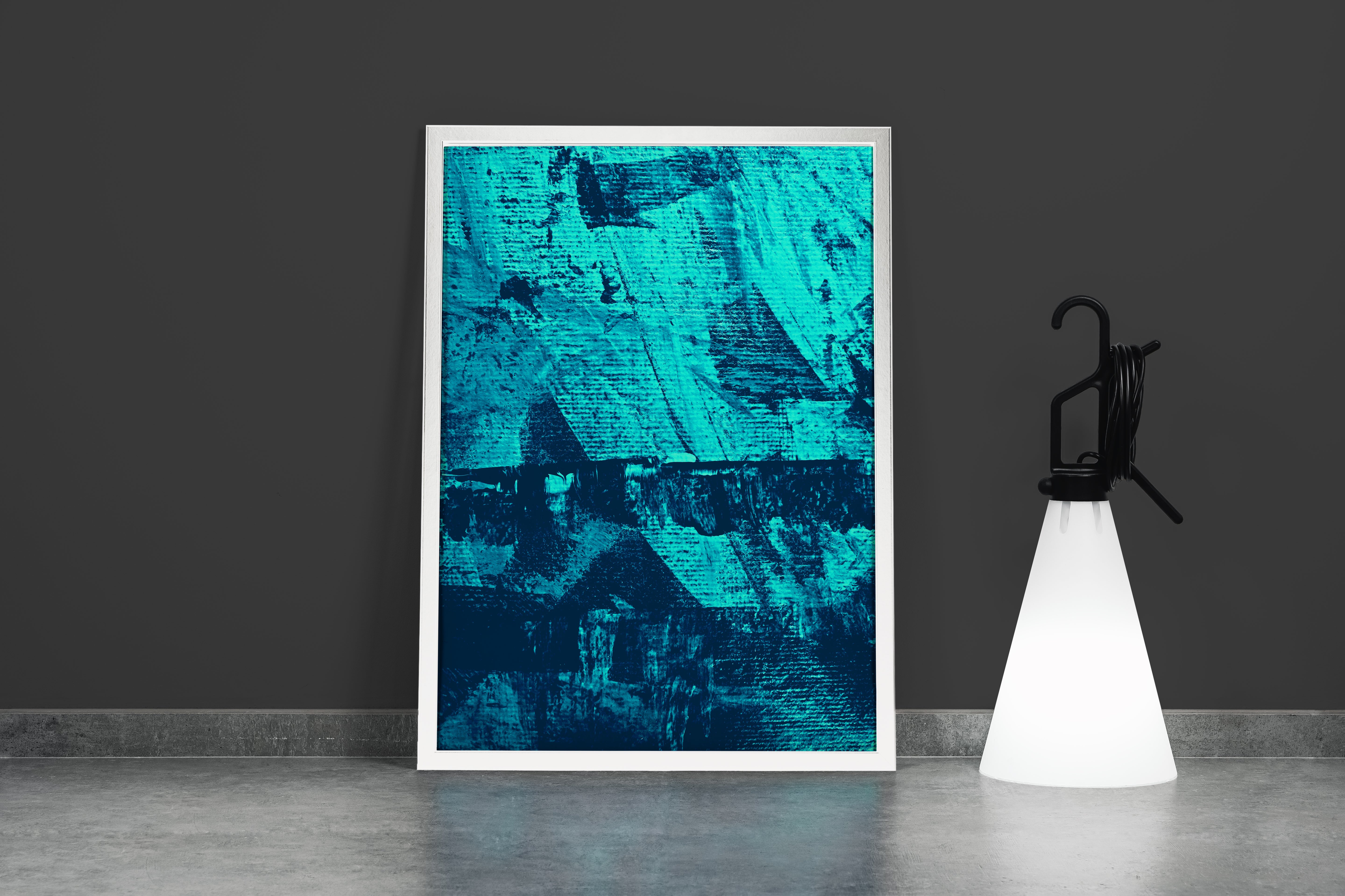 a close-up of a heavily textured abstract painting in vibrant shades of deep turquoise, abstract, art, kanvas tablo