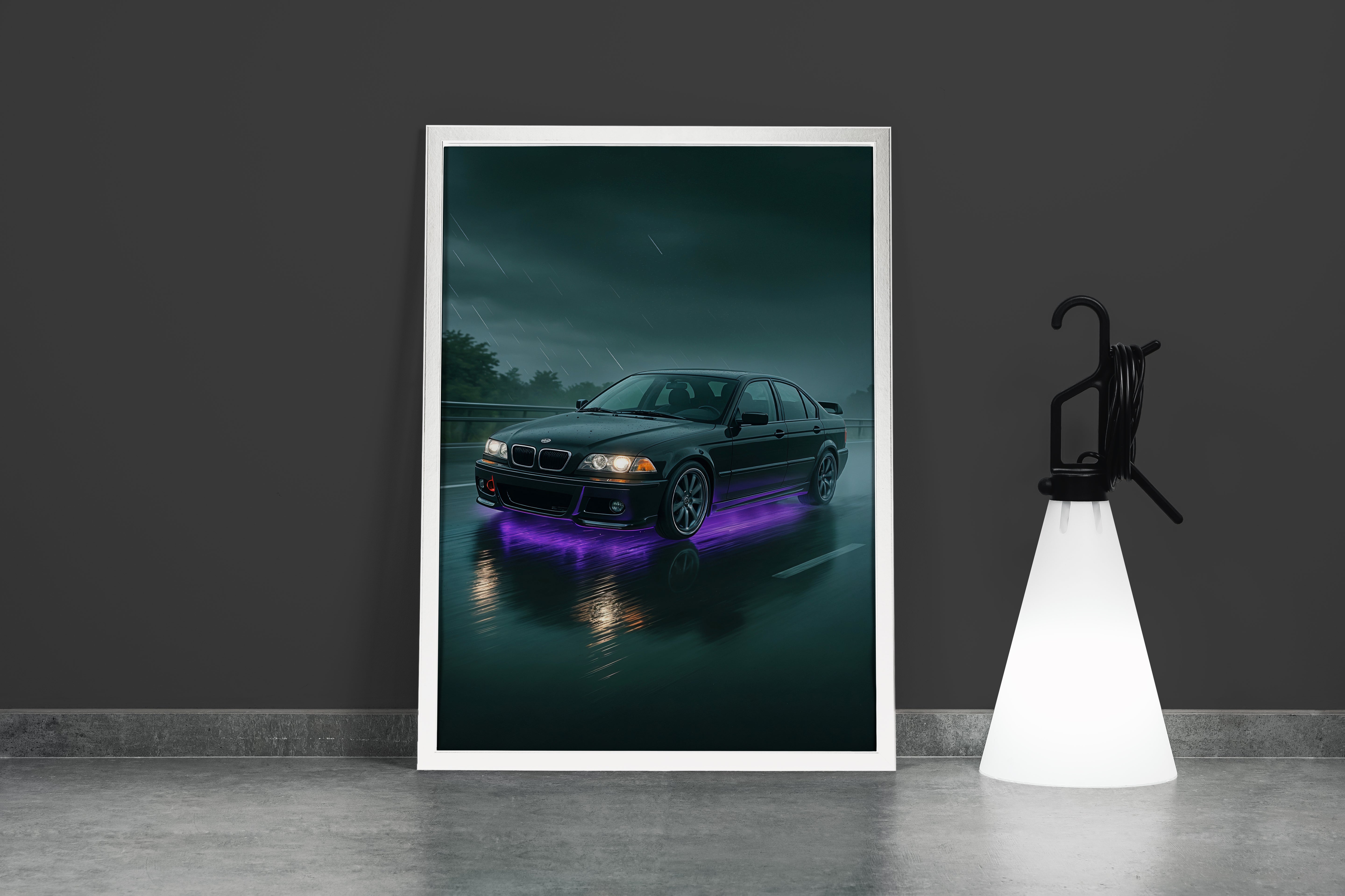 ai creation, car with purple neon lights coming out from underneath, ai art, art, kanvas tablo