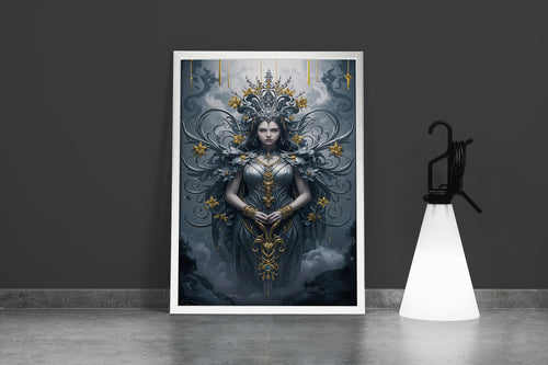 ai creation, a dark goddess in intricate silver armor with ornate gold filigree details, ai art, art, kanvas tablo