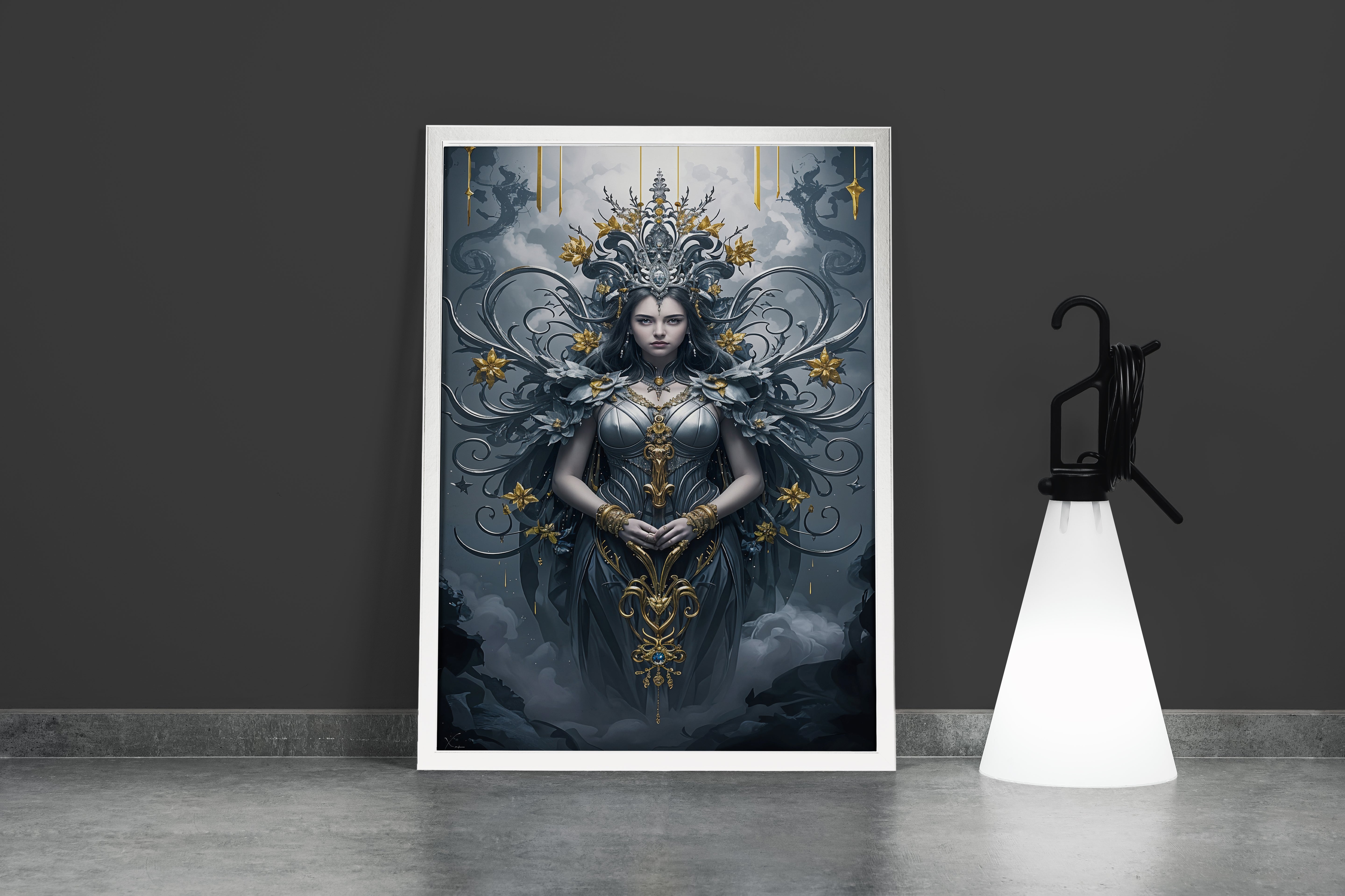 ai creation, a dark goddess in intricate silver armor with ornate gold filigree details, ai art, art, kanvas tablo
