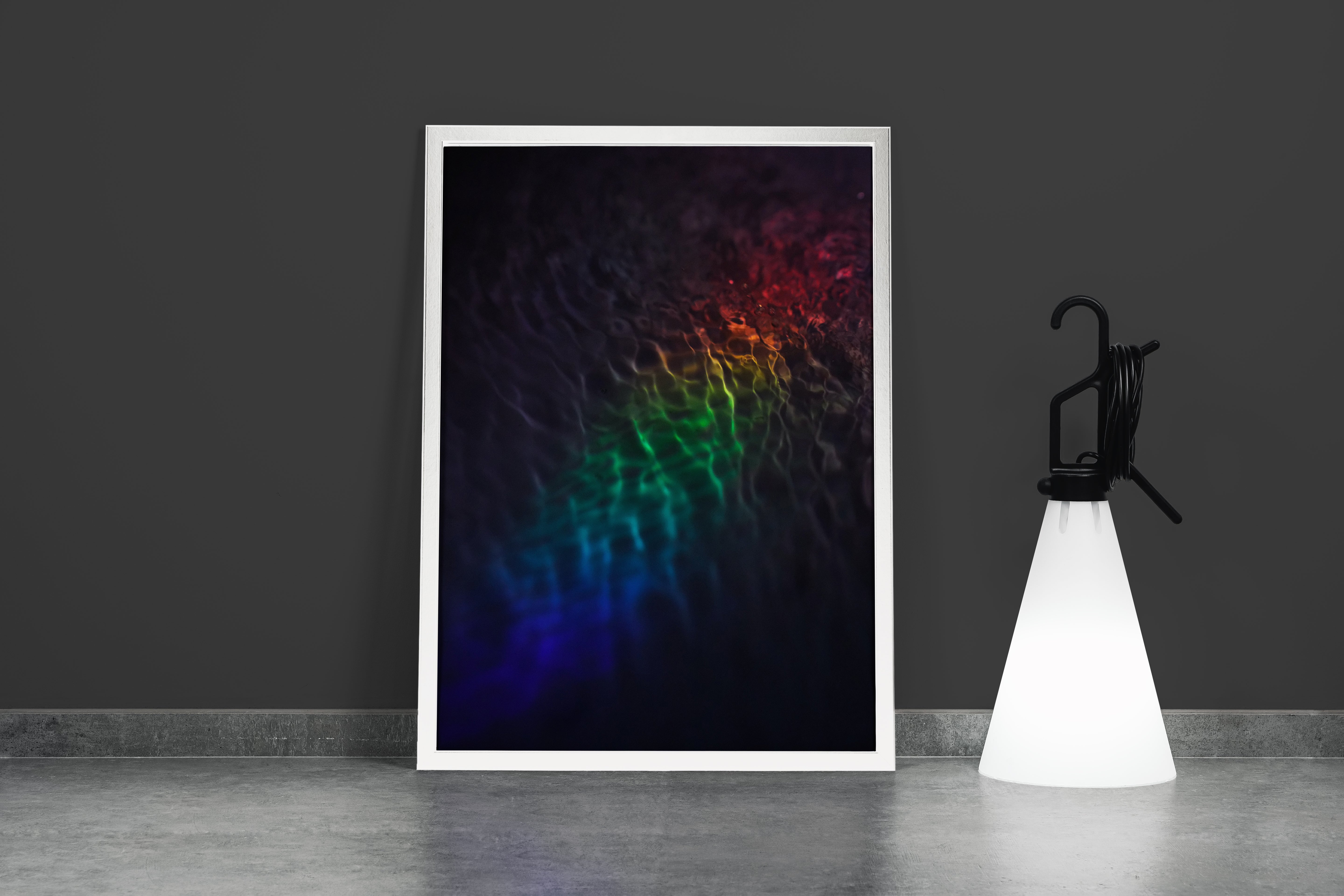 a subtle and dark photograph of rainbow-colored light refracting on gentle water ripples, abstract, art, kanvas tablo