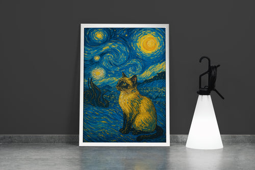 ai creation, van gogh starry night themed cat, ai art, art, kanvas tablo