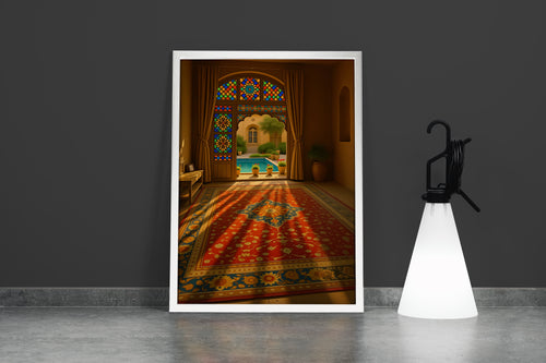 Vitray Pencereli Saray Odası ve Kırmızı Oryantal Halı Havuz Manzaralı Mimari Kanvas Tablo