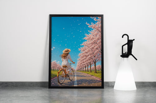 ai creation, a road decorated with soft pink trees with a girl on a bike with a hat, ai art, art, kanvas tablo