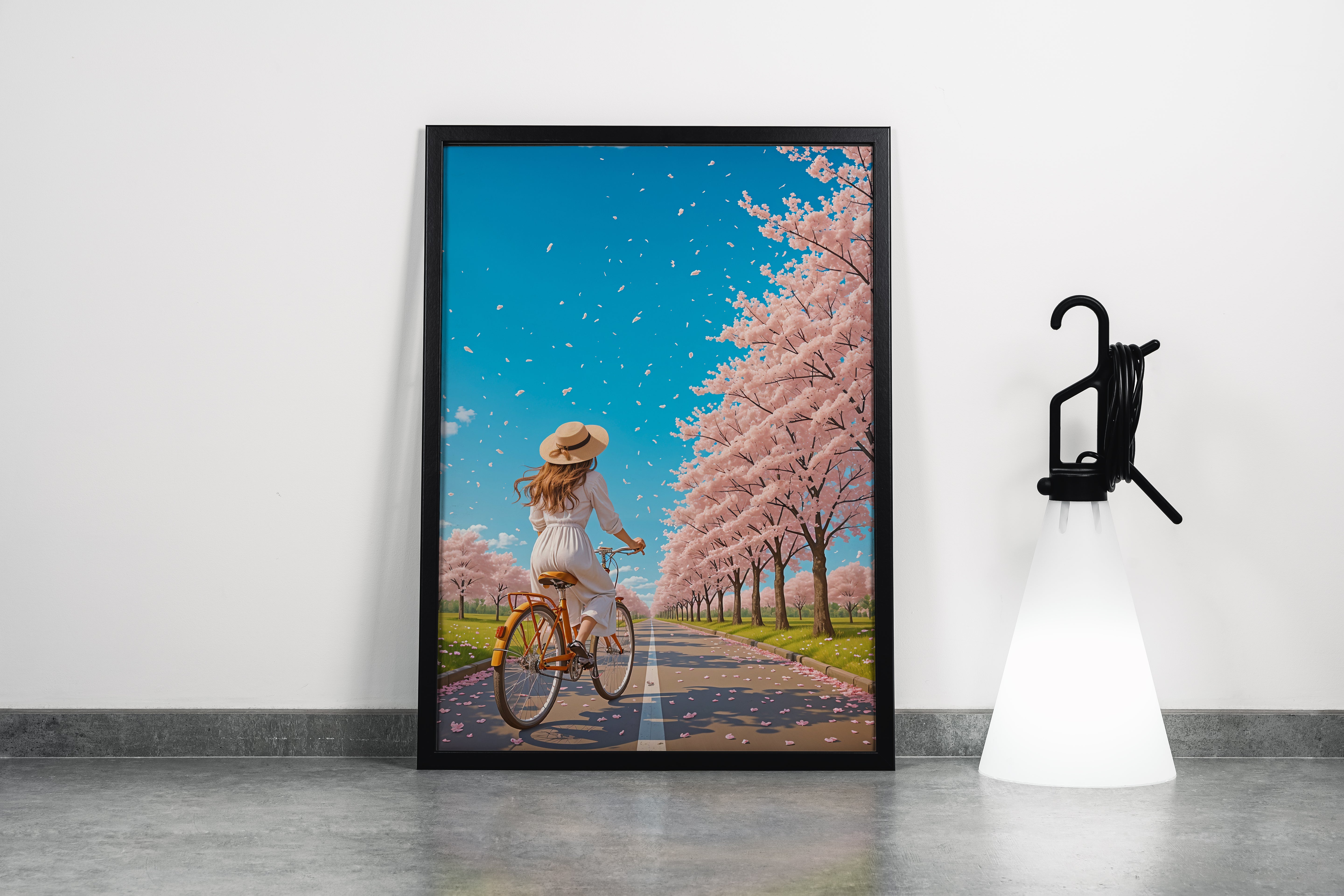ai creation, a road decorated with soft pink trees with a girl on a bike with a hat, ai art, art, kanvas tablo