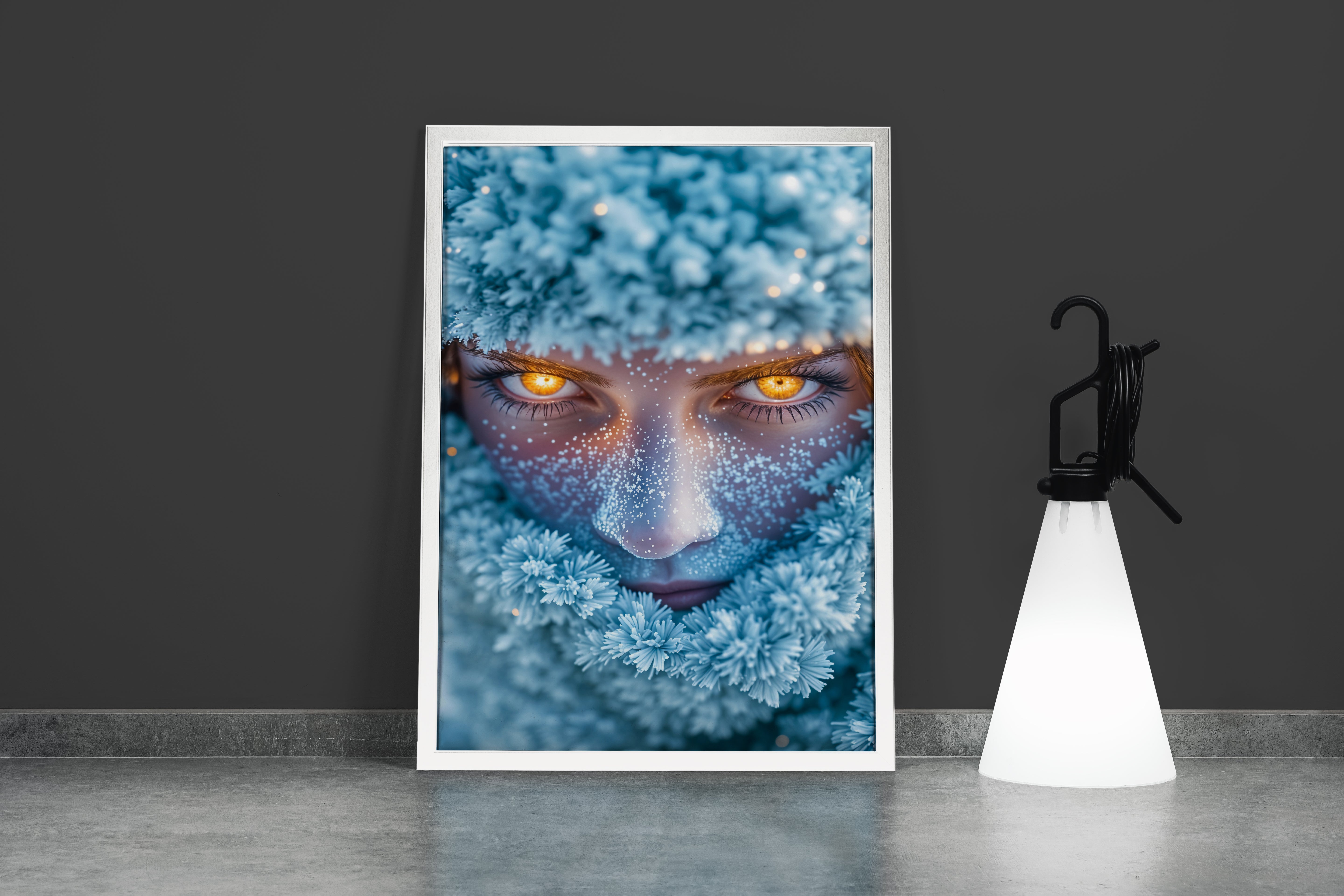 ai creation, a fantasy woman with fiery glowing eyes, her face covered in sparkling frost, ai art, art, kanvas tablo