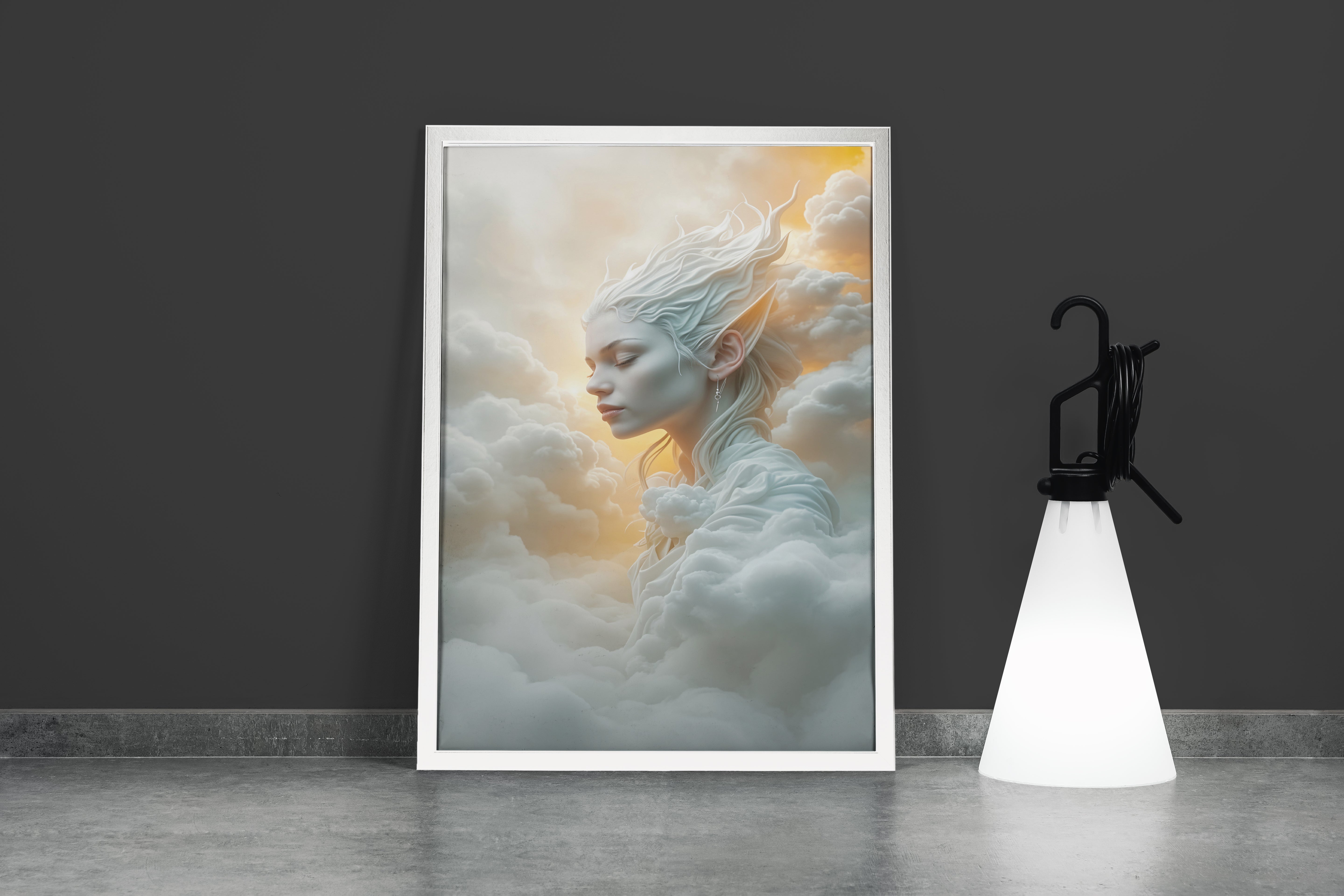 ai creation, depiction of a woman resting in the clouds, ai art, art, kanvas tablo