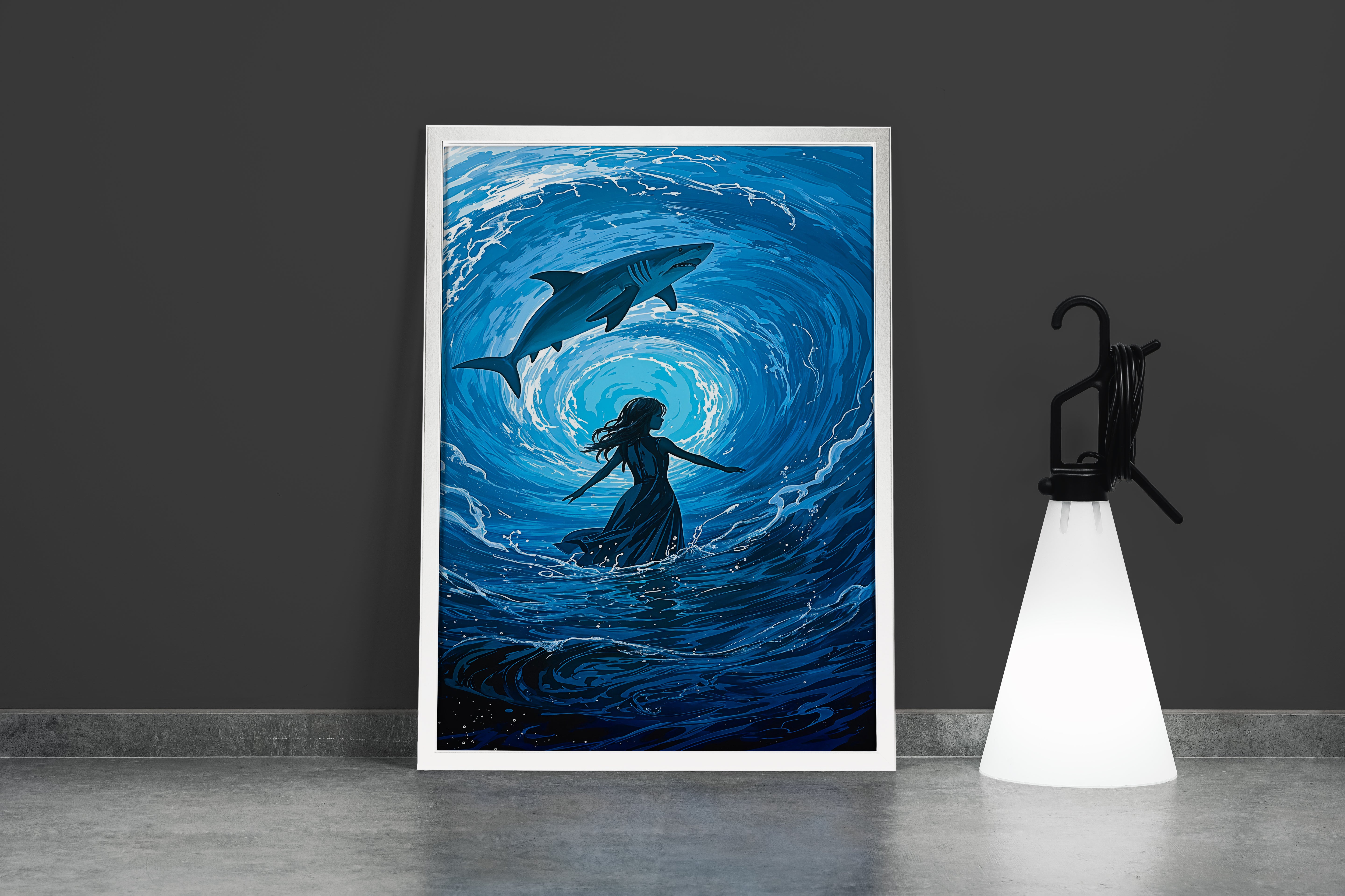 ai creation, giant shark in the middle of the sea, ai art, art, kanvas tablo
