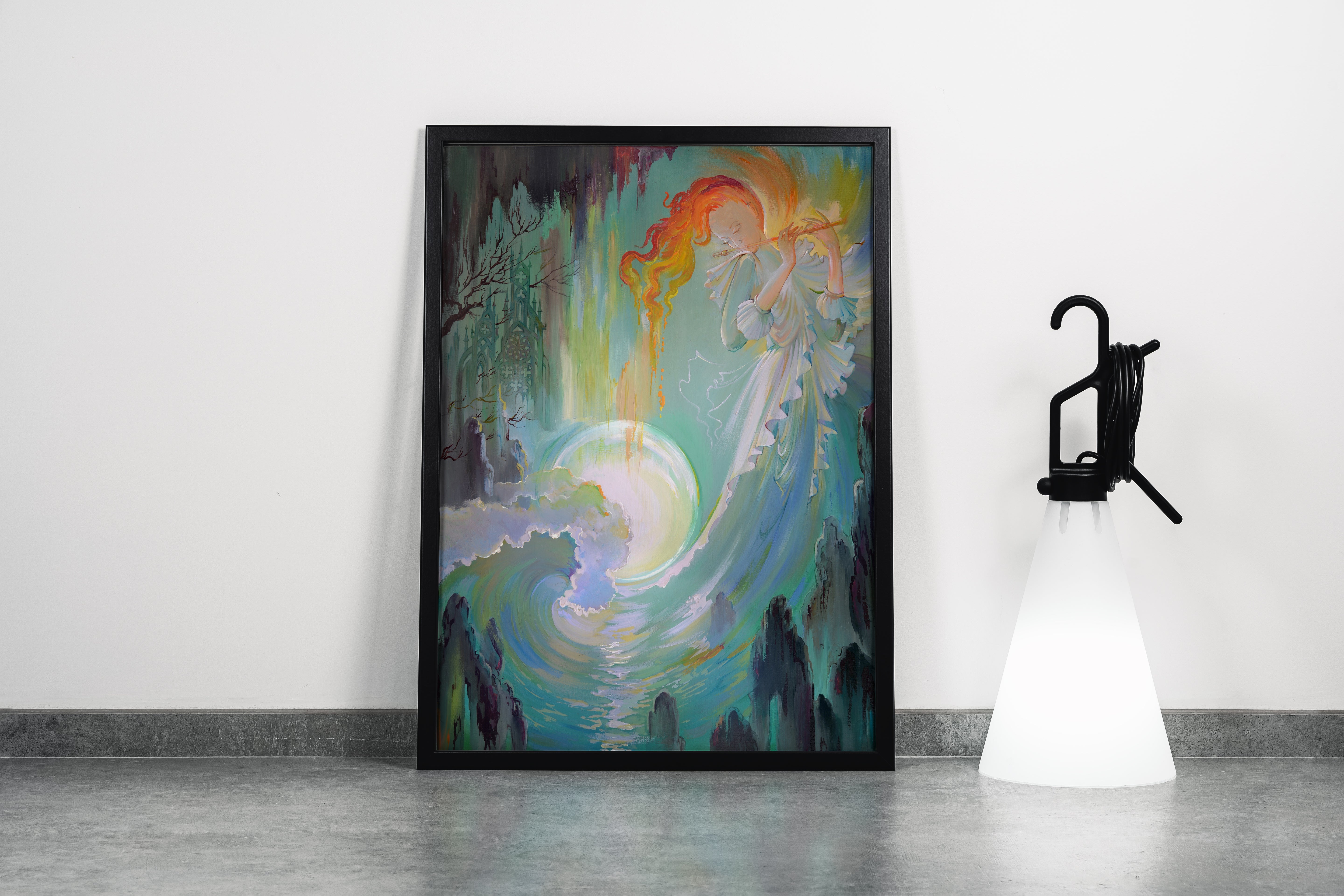 an ethereal woman with flame hair plays flute by a glowing, dripping moon, art, kanvas tablo