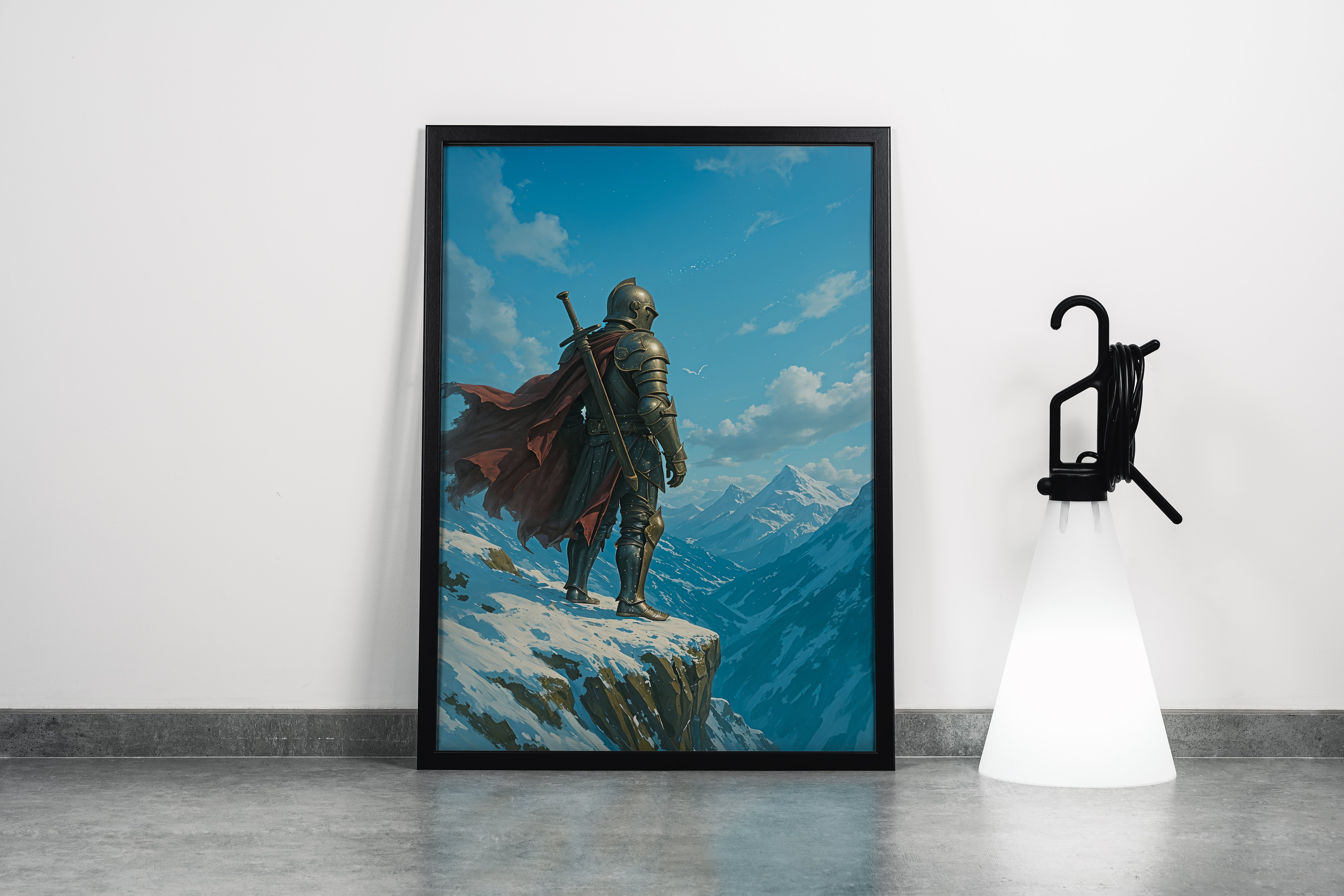 ai creation, warrior watching the mountains from the edge of the cliff, ai art, art, kanvas tablo