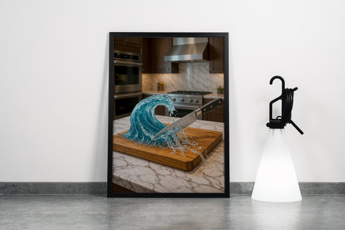 ai creation, a knife that cuts the water wave on the board on the kitchen counter, ai art, art, kanvas tablo