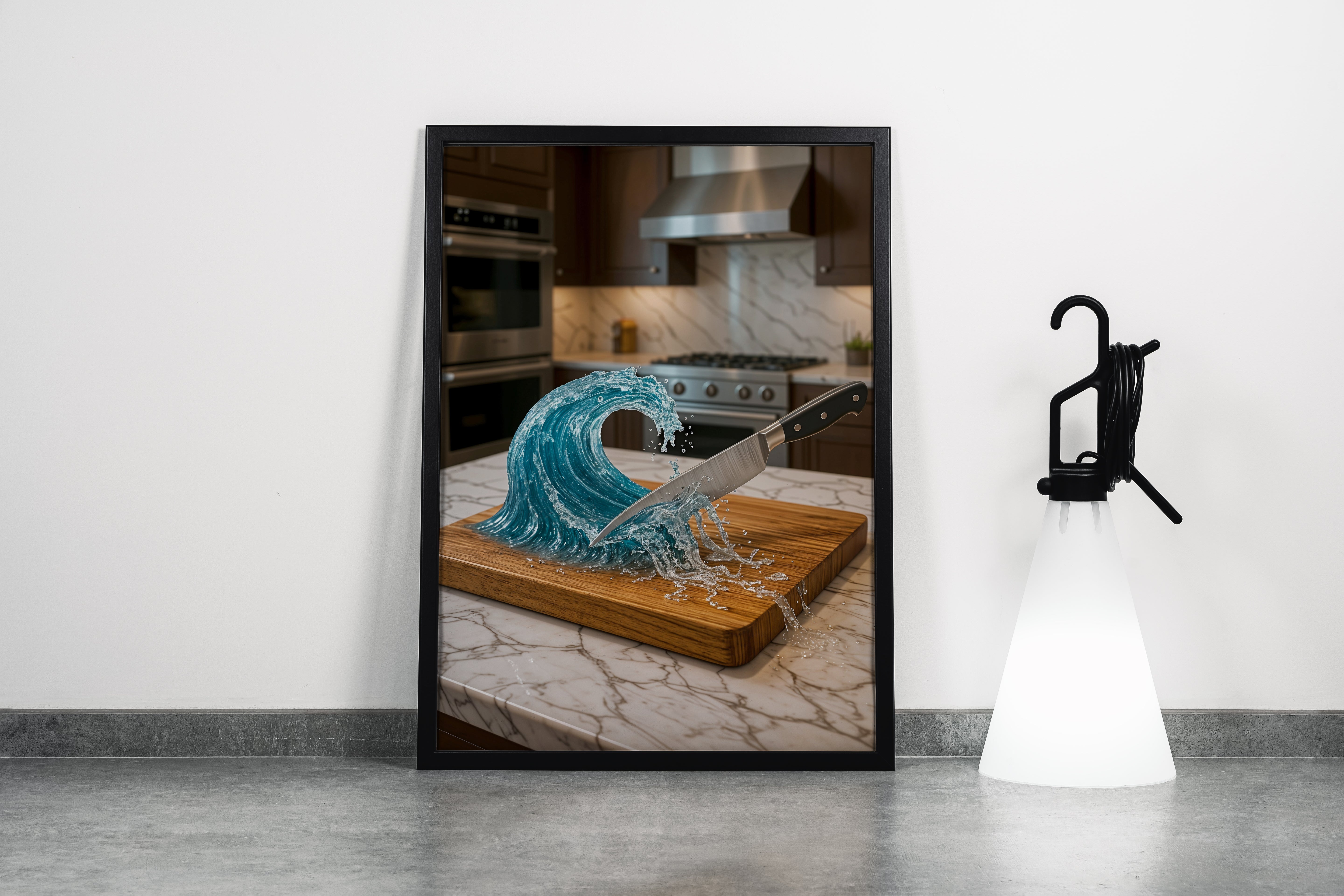ai creation, a knife that cuts the water wave on the board on the kitchen counter, ai art, art, kanvas tablo