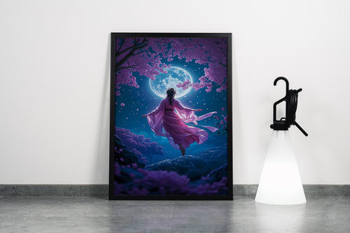 ai creation, a woman in a pink kimono under a full moon and cherry blossoms, ai art, art, kanvas tablo