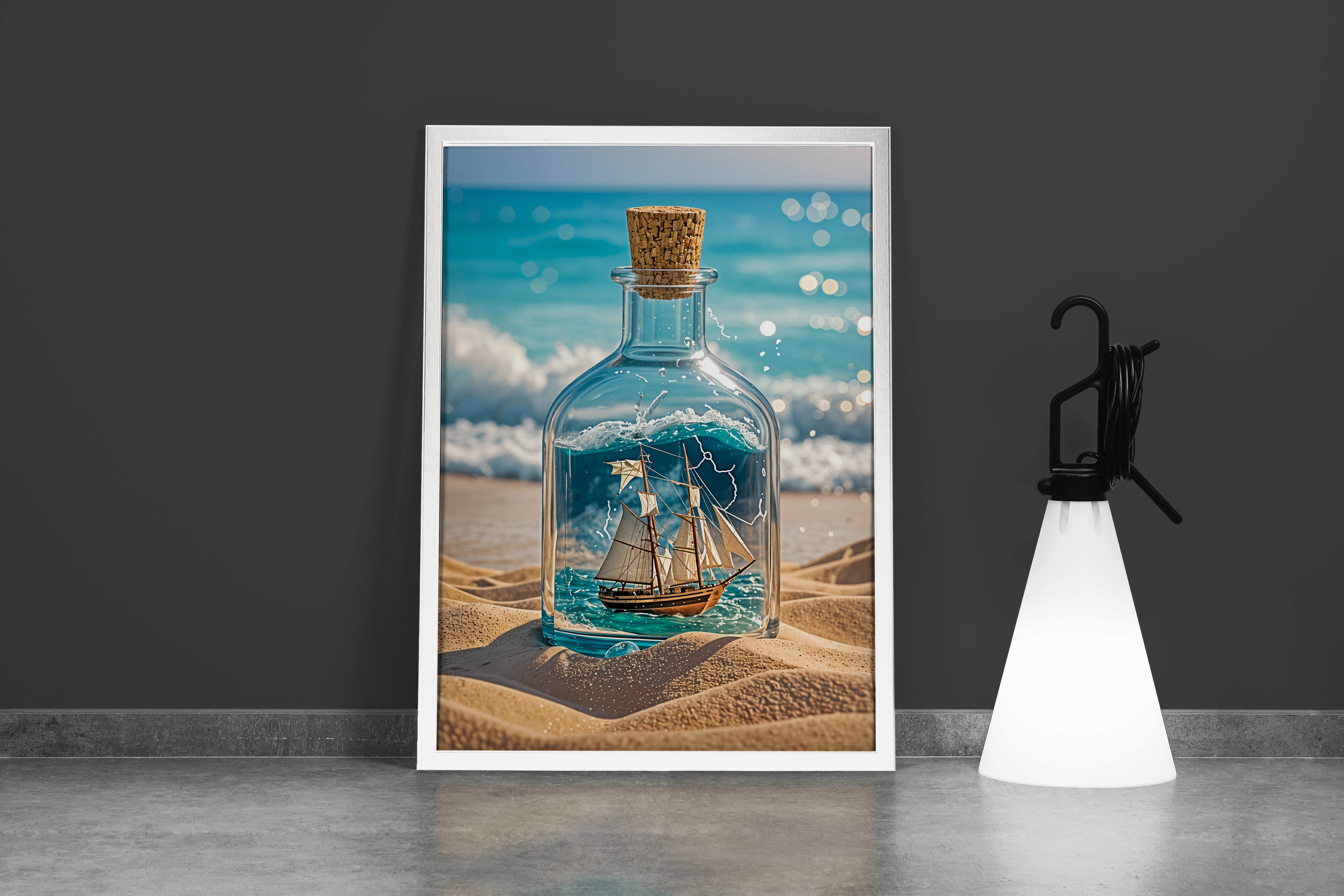 ai creation, a bottle washed up on the beach, a ship floating in the water inside the bottle, ai art, art, kanvas tablo