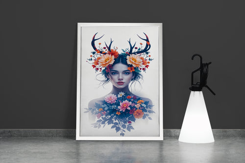 ai creation, a beautiful woman as a nature spirit with antlers and blooming flowers, ai art, art, kanvas tablo