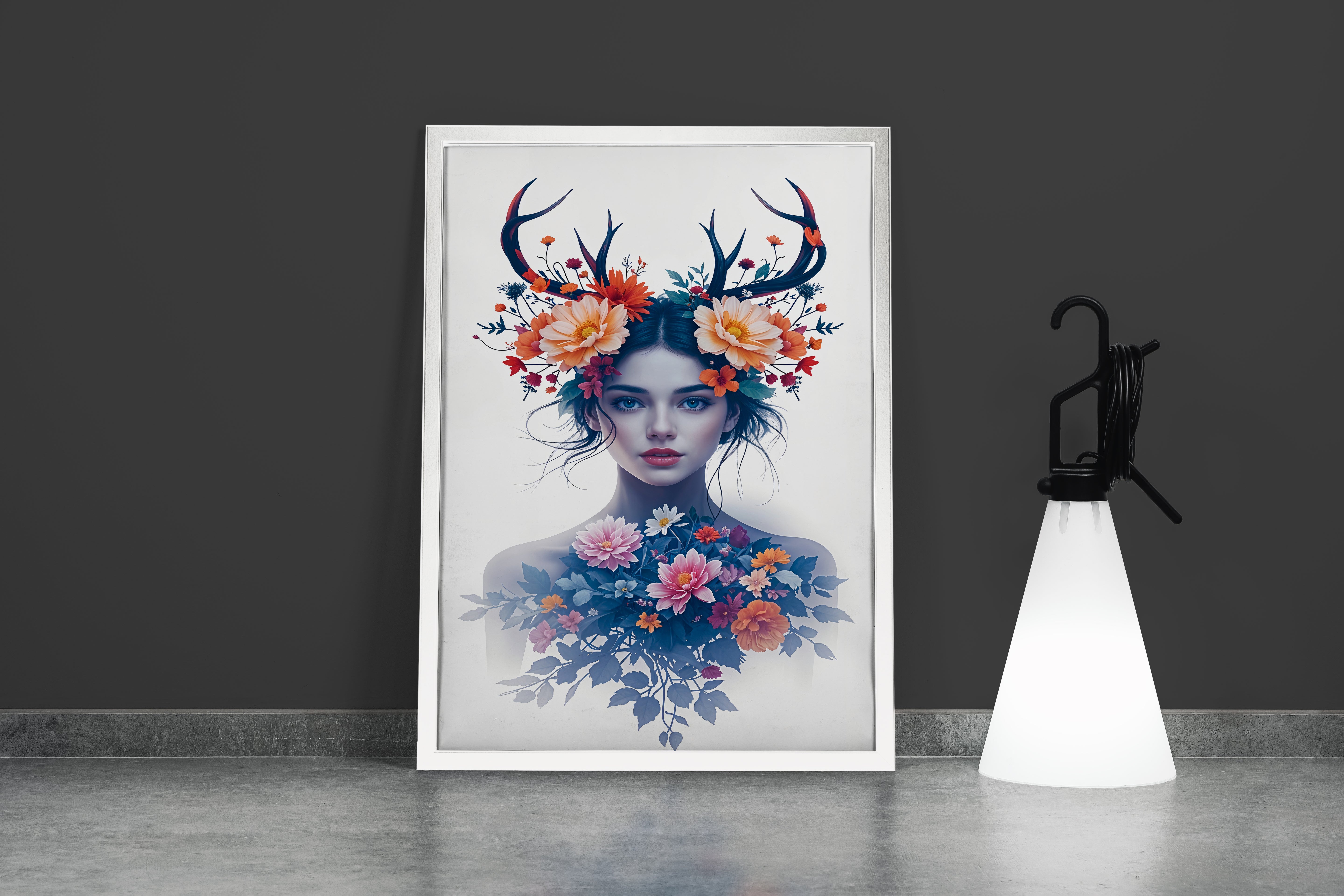 ai creation, a beautiful woman as a nature spirit with antlers and blooming flowers, ai art, art, kanvas tablo