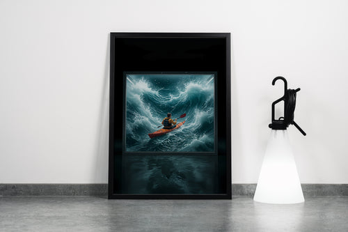 ai creation, kayaker battling huge stormy waves, coming out of a screen, ai art, art, kanvas tablo