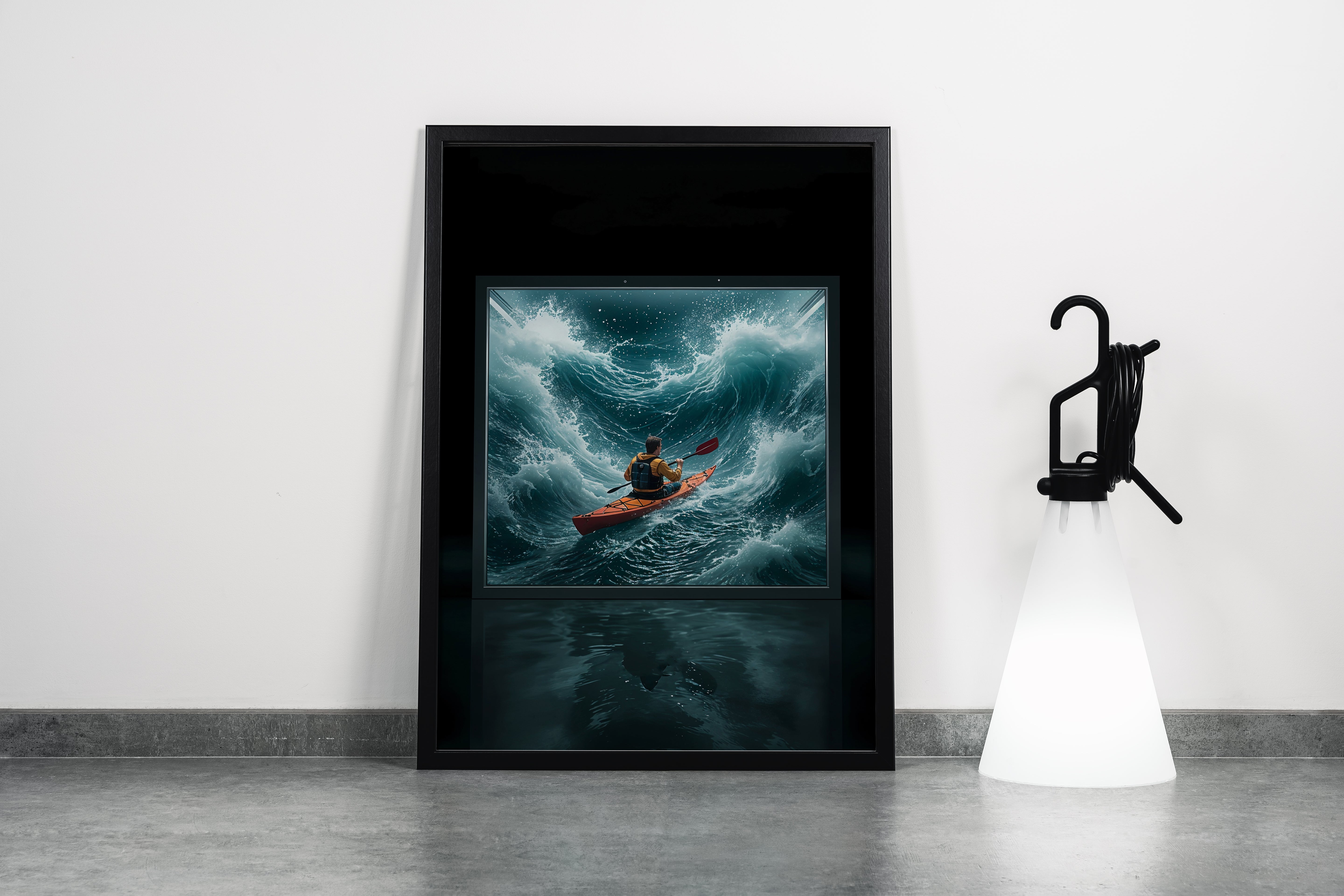 ai creation, kayaker battling huge stormy waves, coming out of a screen, ai art, art, kanvas tablo