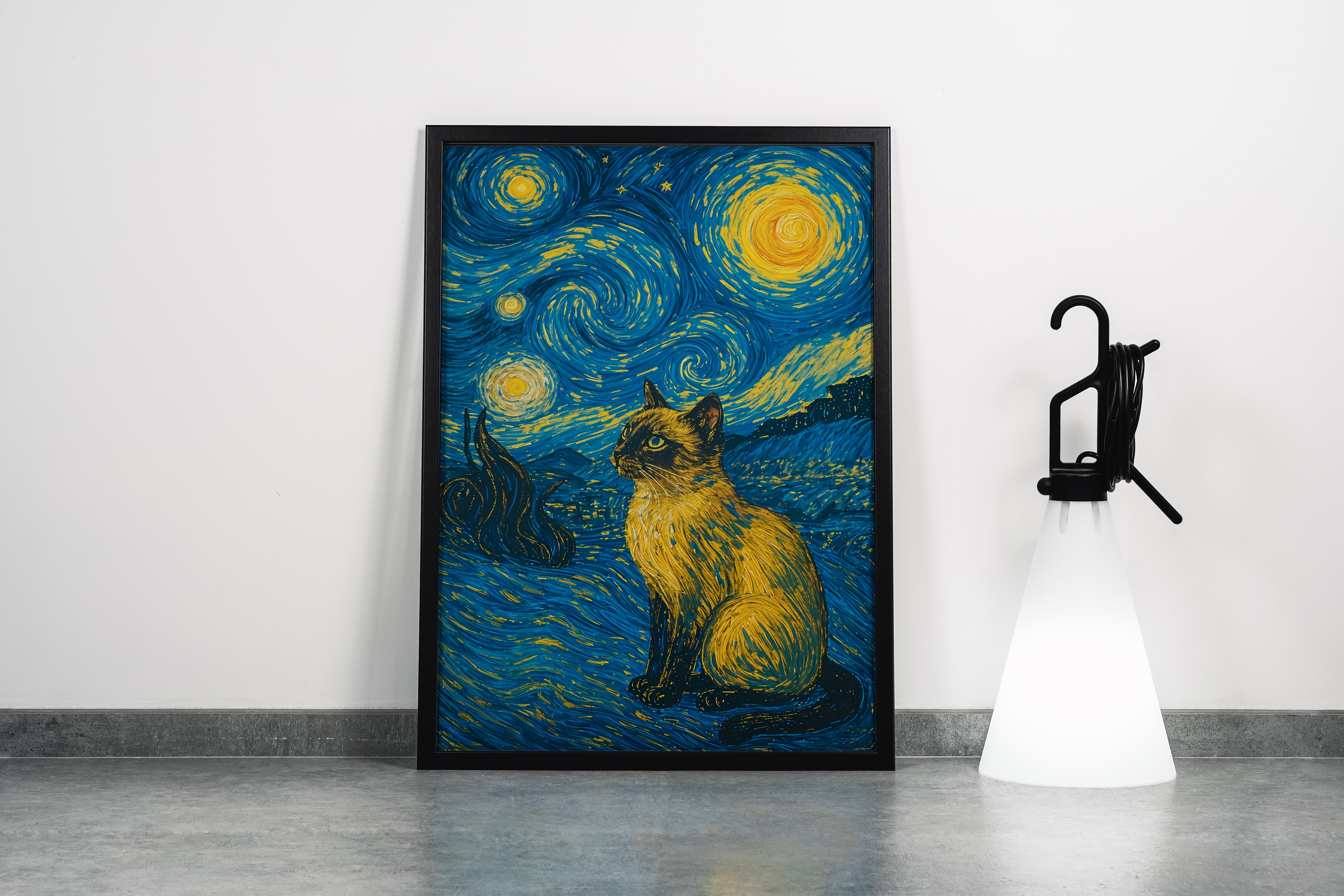 ai creation, van gogh starry night themed cat, ai art, art, kanvas tablo