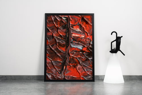 a macro photograph of thick, glossy red and black paint with deep textured ridges, abstract, art, kanvas tablo