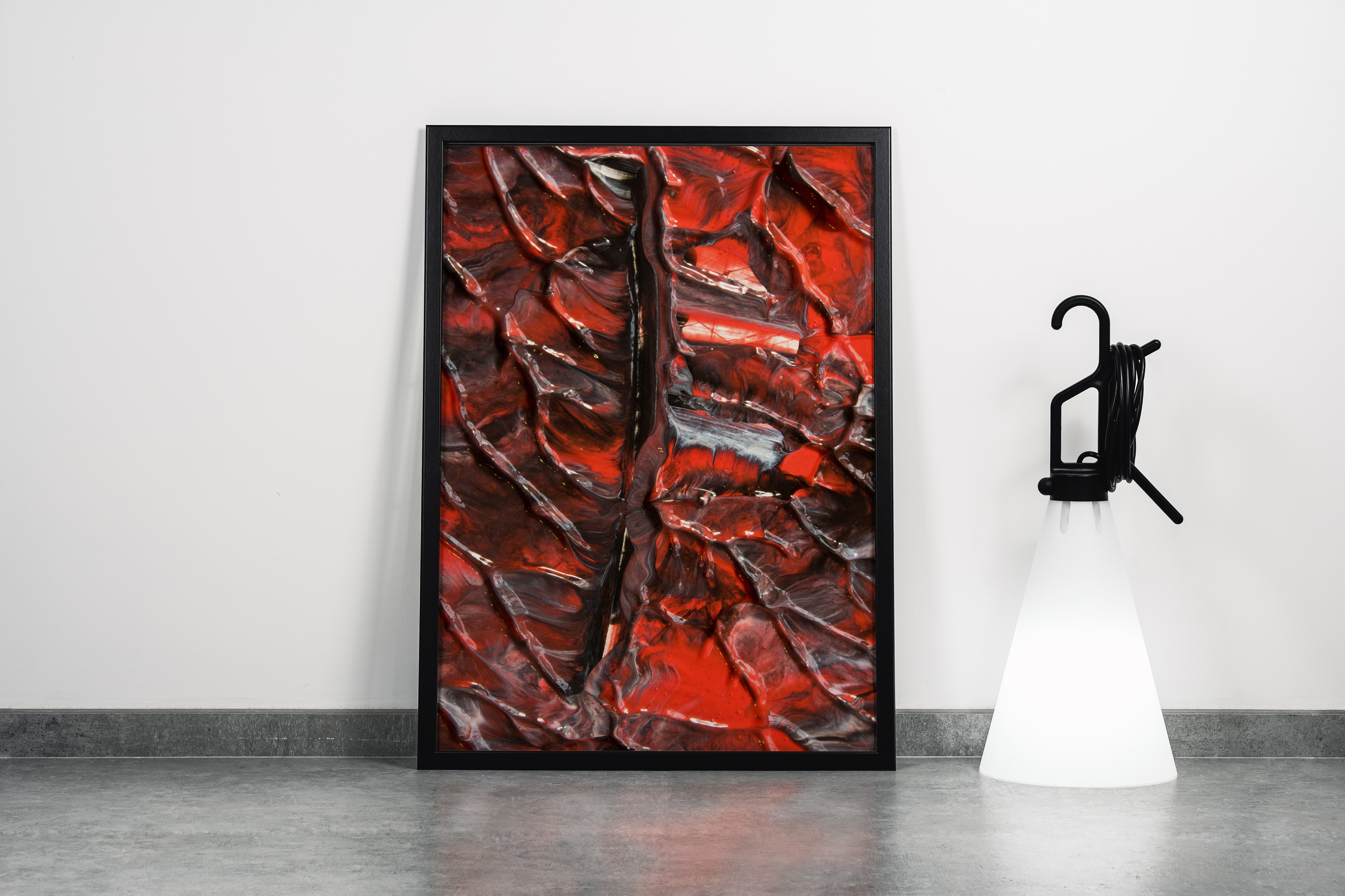 a macro photograph of thick, glossy red and black paint with deep textured ridges, abstract, art, kanvas tablo