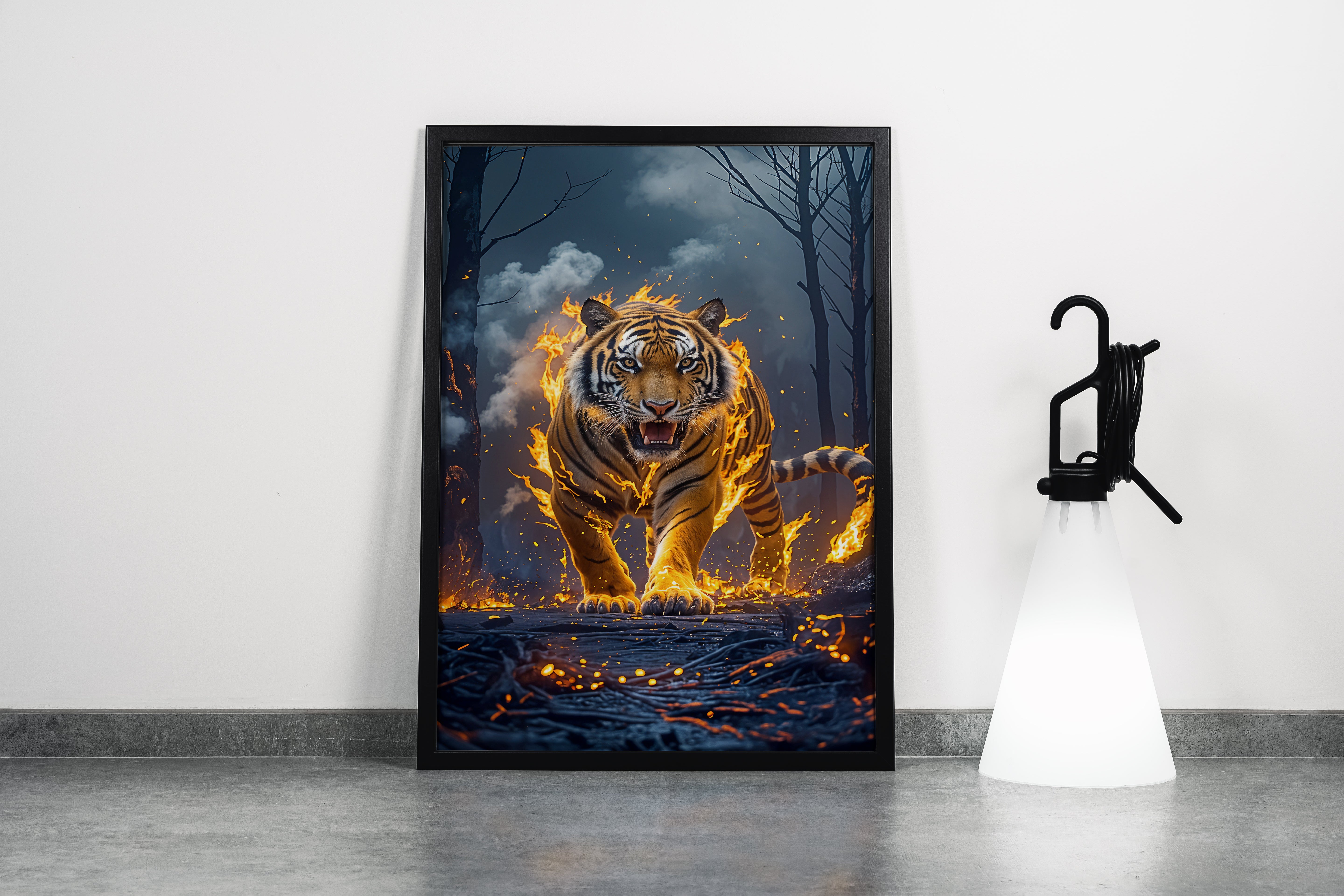 ai creation, tiger in flames, pet, ai art, art, kanvas tablo