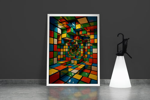 Renkli Küplerden Zeka Küpü Labirenti 3D Geometrik Desenli Soyut Kanvas Tablo