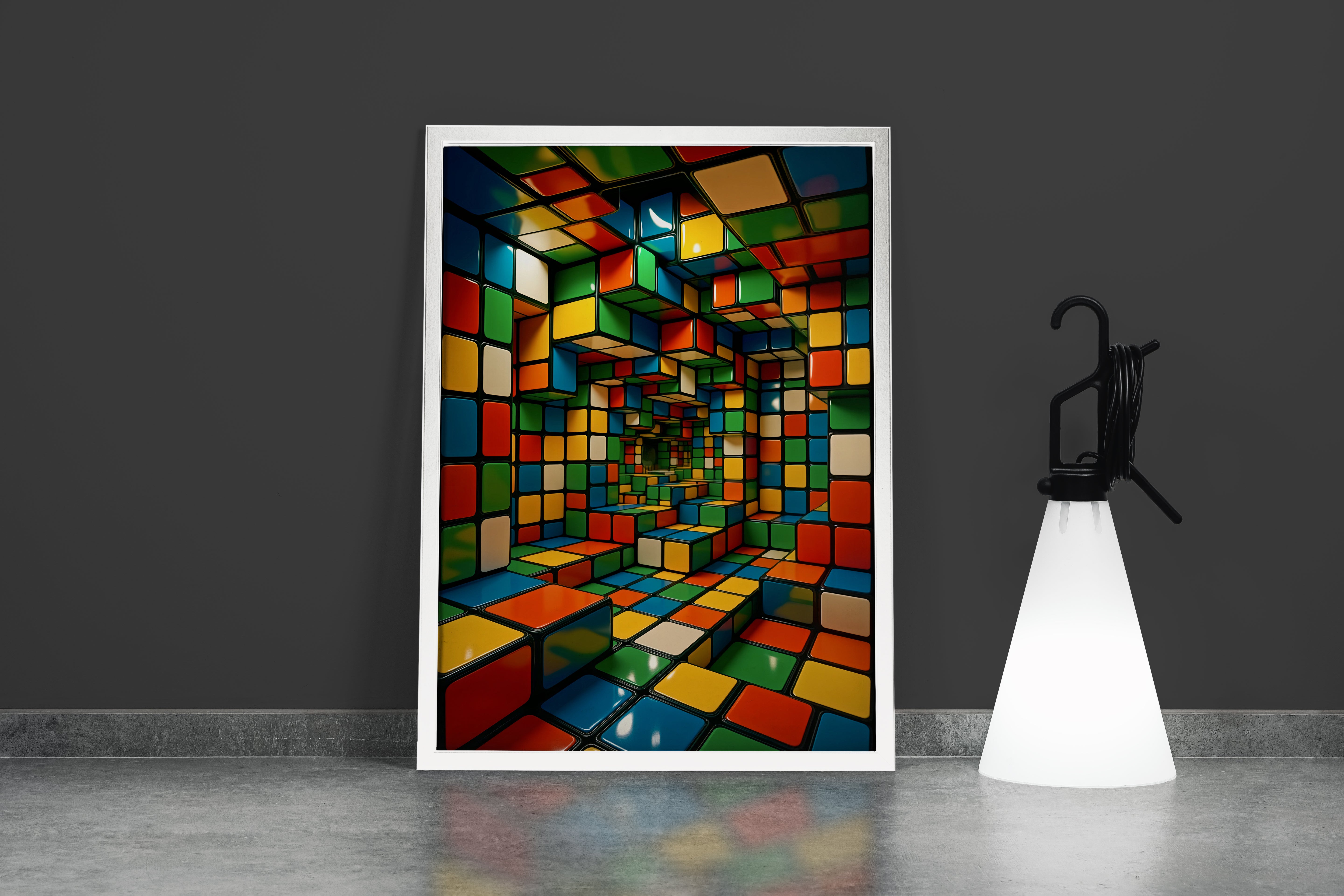 Renkli Küplerden Zeka Küpü Labirenti 3D Geometrik Desenli Soyut Kanvas Tablo